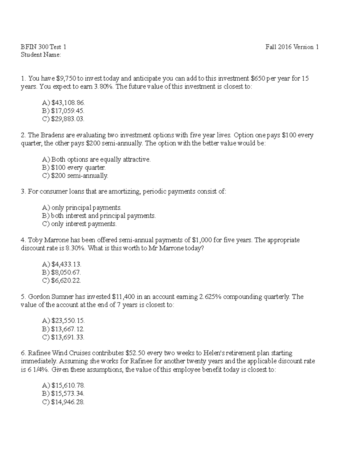 BFIN 300 Fa16 Test 1 V1 - Practice Problems - BFIN 300 Test 1 Student ...