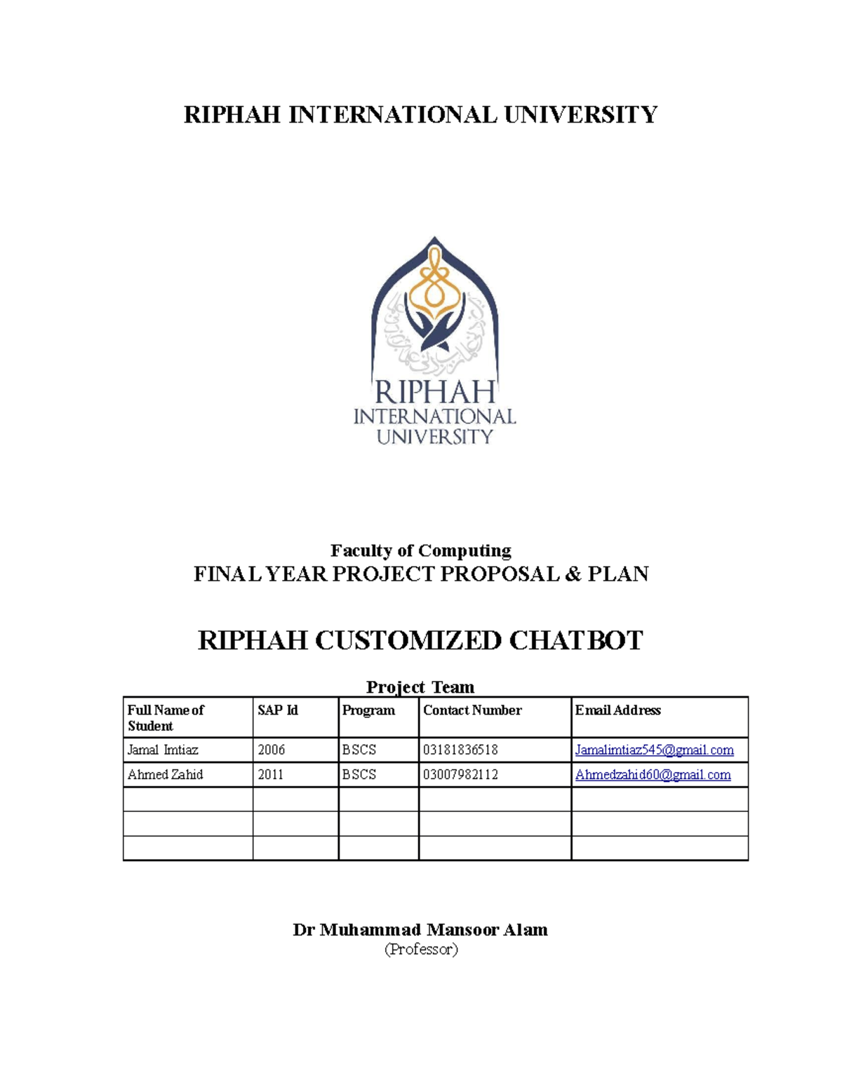 - Proposal Plan - riphah project - RIPHAH INTERNATIONAL UNIVERSITY ...