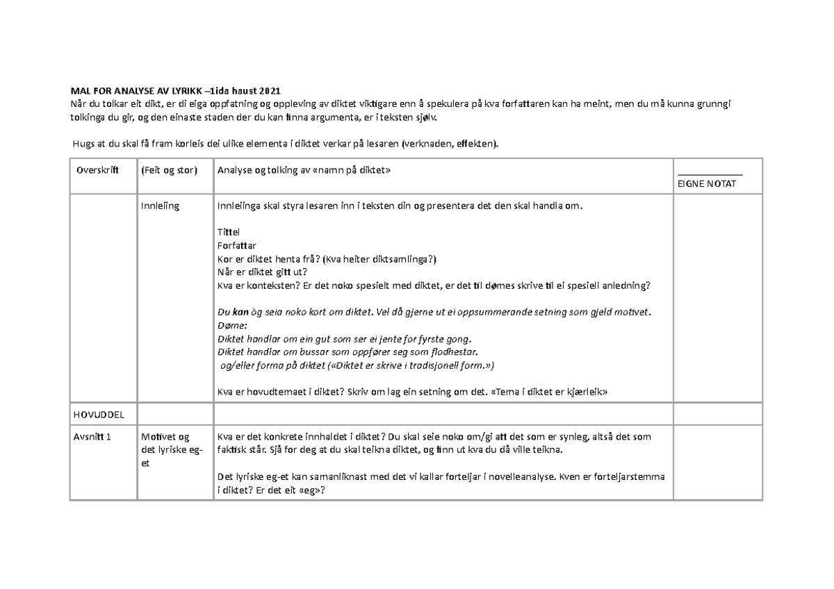 MAL For Analyse Av Lyrikk Med Struktur - MAL FOR ANALYSE AV LYRIKK ...