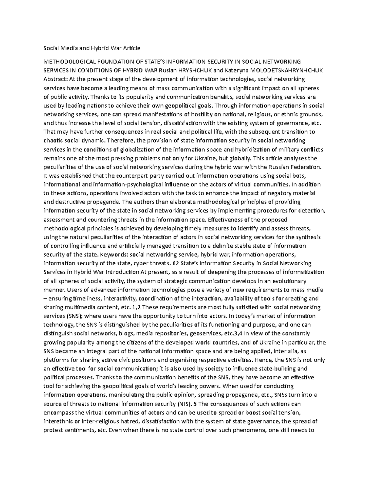 Social Media and Hybrid War Article Social Media and Hybrid War