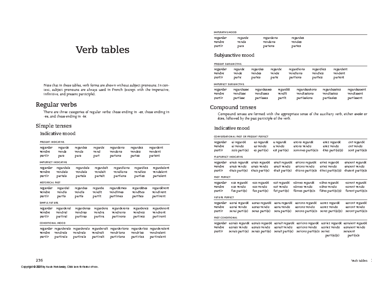 Verb tables 236 Note that in these tables, verb forms are shown