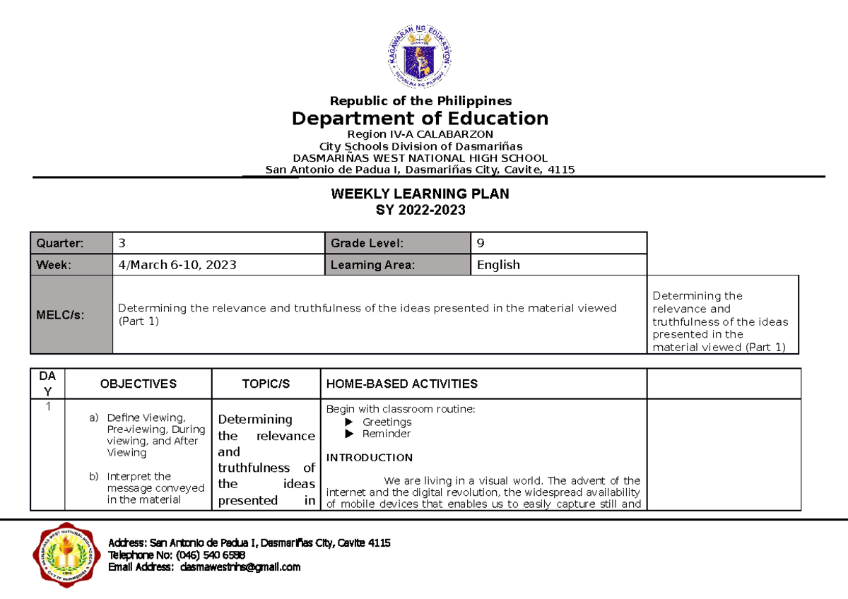 Pawim 004 Weekly Learning Plan Grade 9 English Third Quarter Week 4 ...