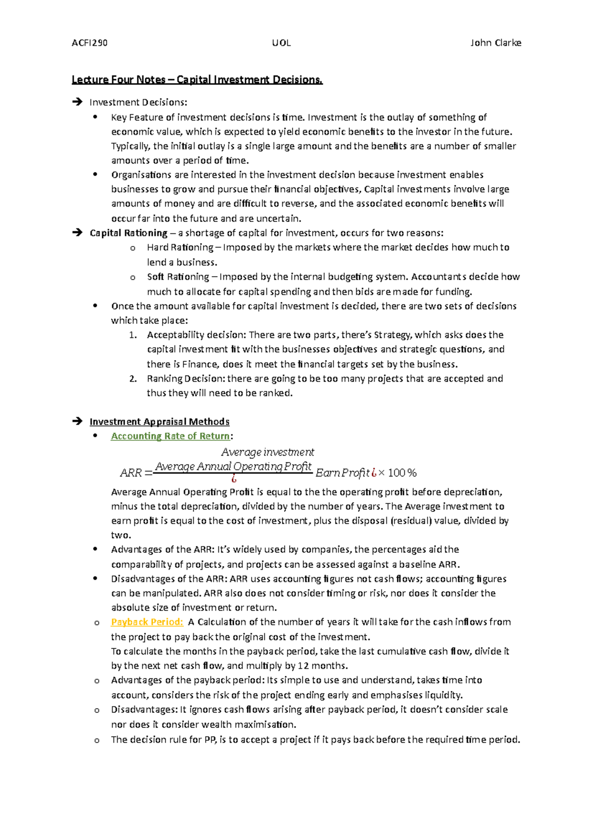 Lecture Four Notes - Gayle Waddell's Class. - ACFI290 UOL John Clarke ...