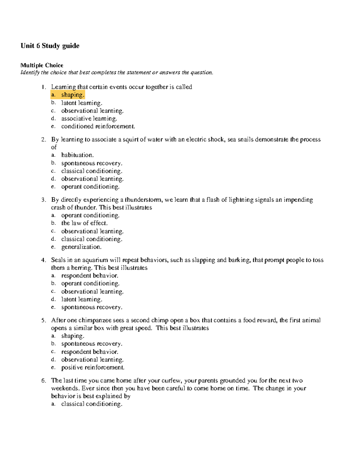 Unit 6 study guide - Unit 6 Study guide Multiple Choice Identify the ...