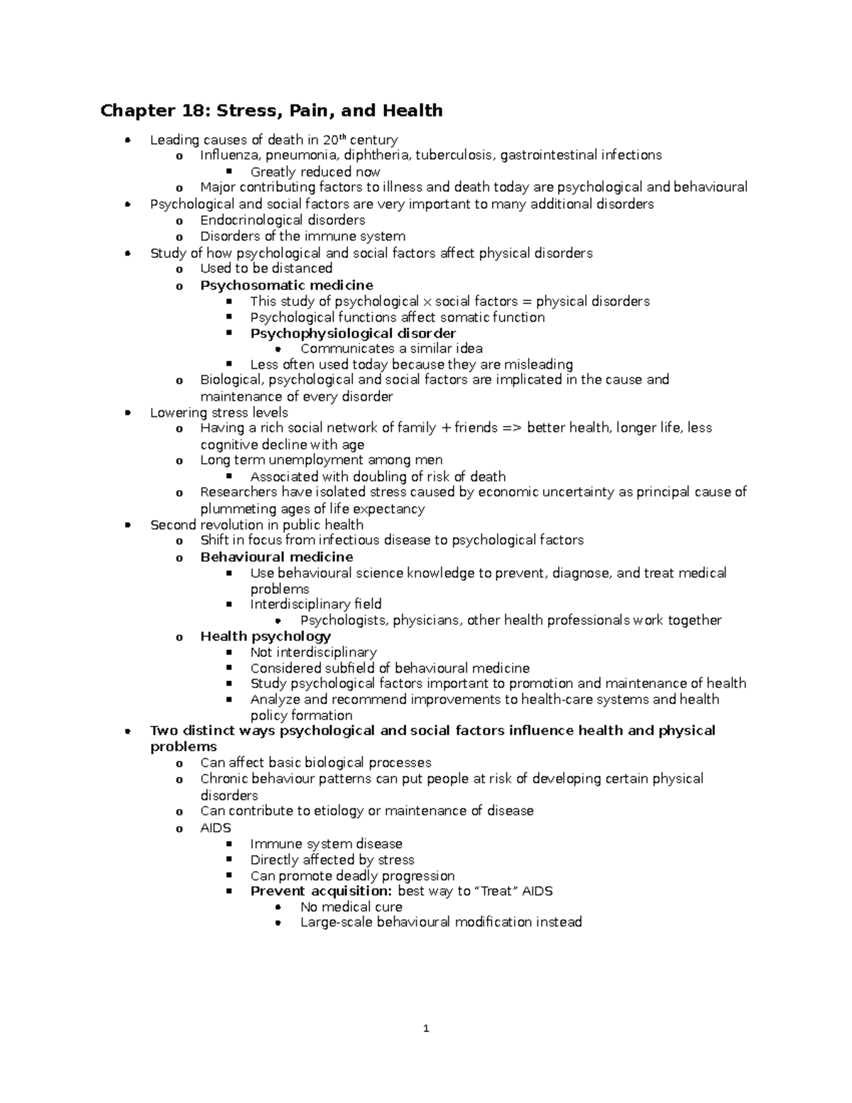 Chapter 18 - Class notes - Chapter 18: Stress, Pain, and Health Leading ...
