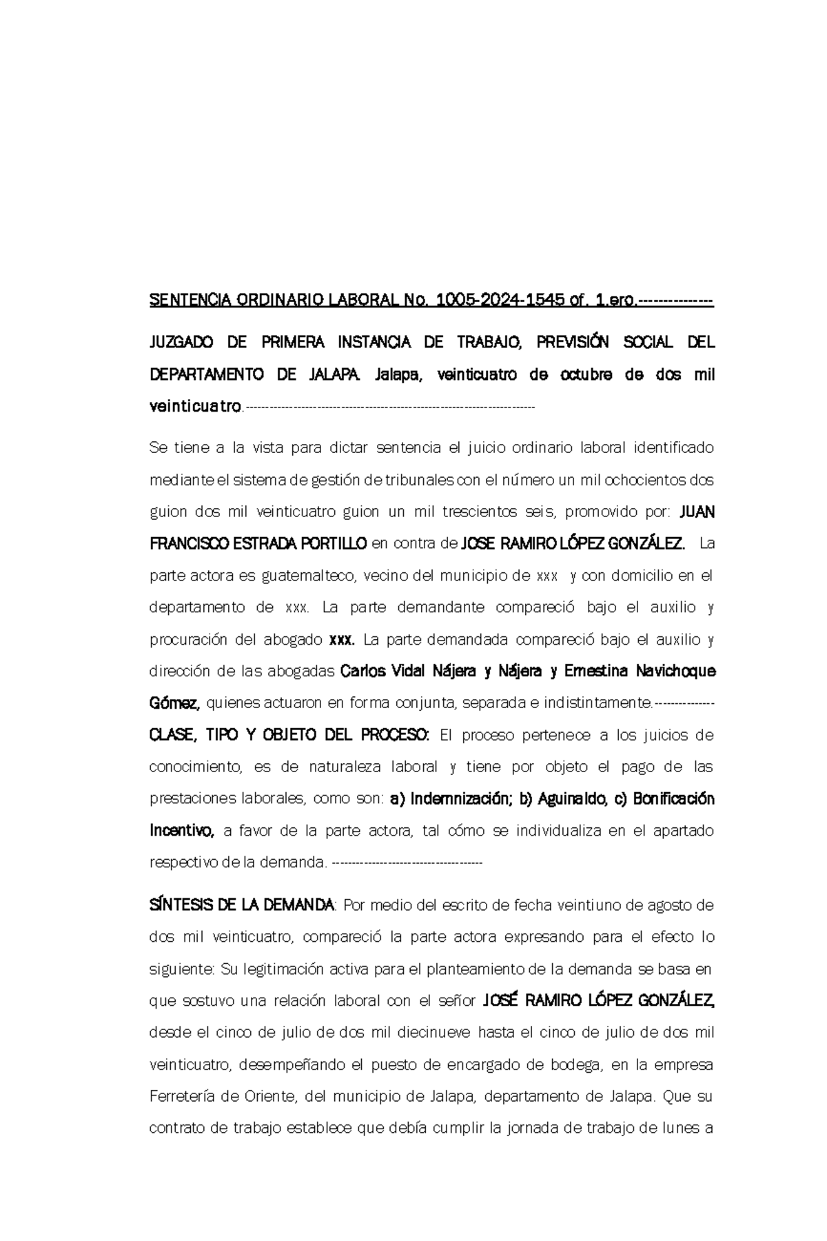 Sentencia Ejemplo - SENTENCIA ORDINARIO LABORAL No. 1005 - 2024 - 1545 ...