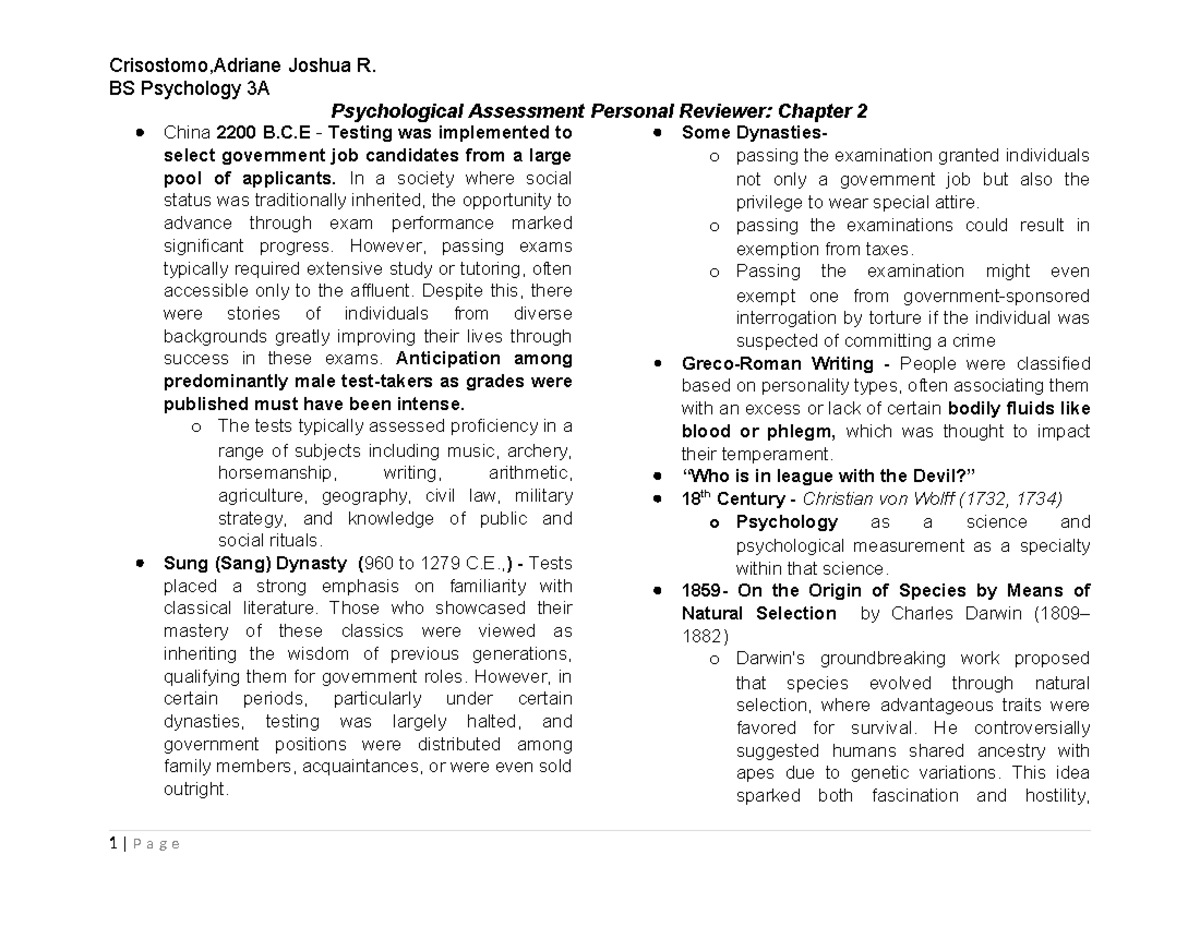 Psychological Assesment Chapter 2 + - Crisostomo,Adriane Joshua R. BS ...