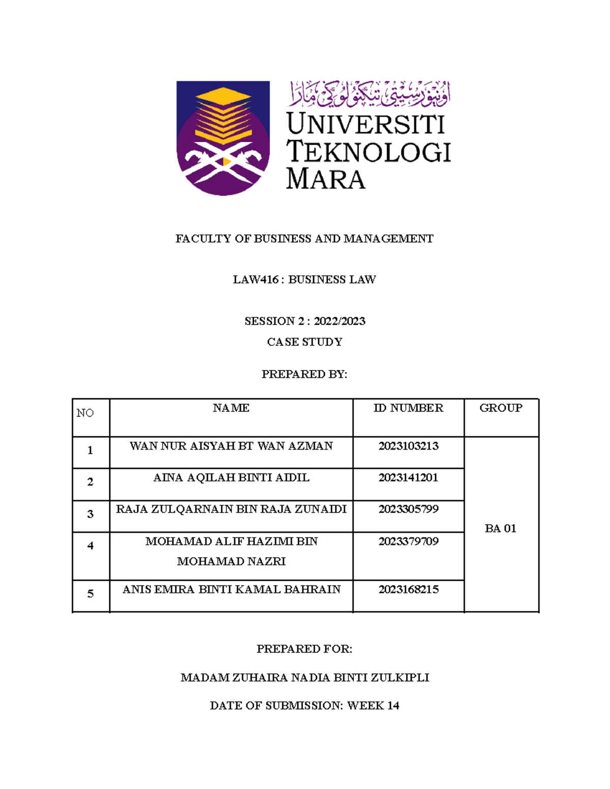 LAW Assigntment - ASSIGNMENT LAW 2023/2024 - FACULTY OF BUSINESS AND ...