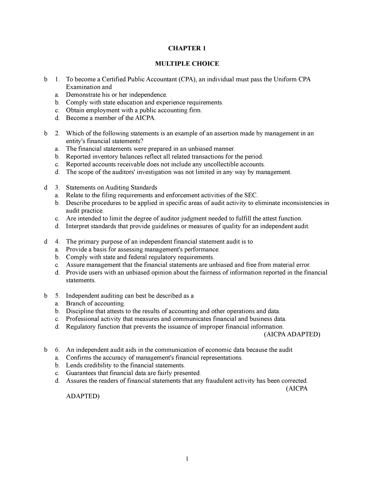 Test Banks In Audit - CHAPTER 1 MULTIPLE CHOICE B 1. To Become A ...