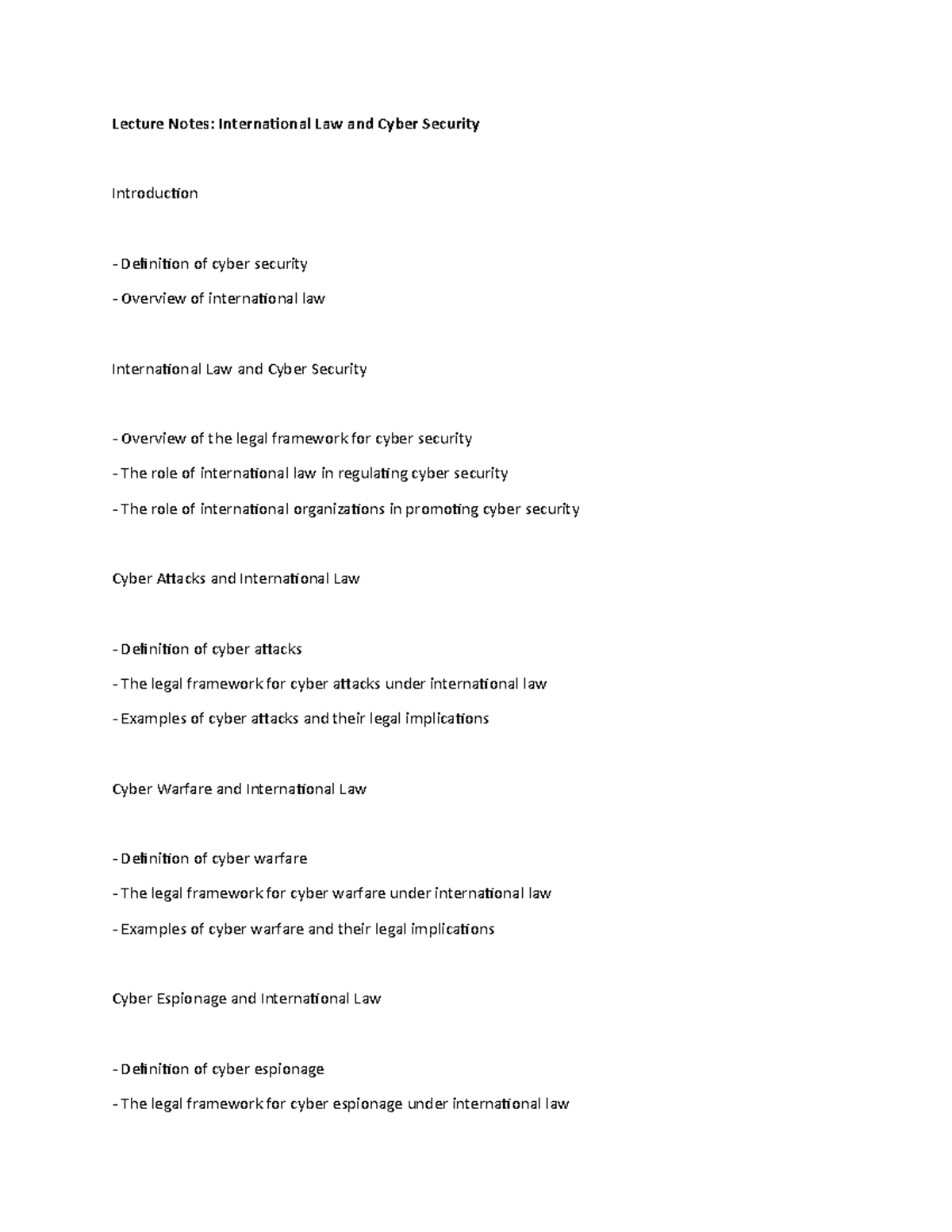 Lecture Notes: International Law and Cyber Security - Lecture Notes ...