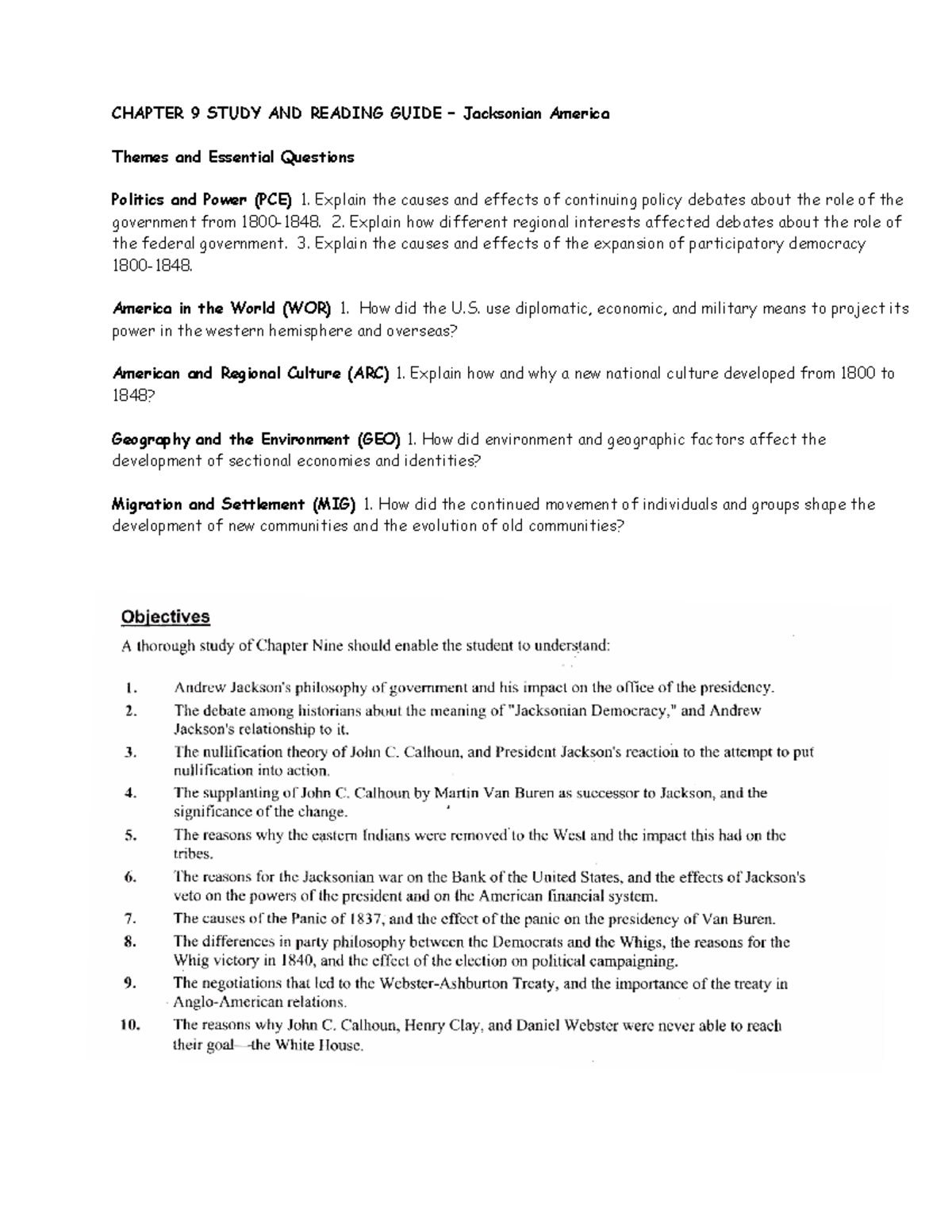 Ch 9 Guide- Jacksonian America - CHAPTER 9 STUDY AND READING GUIDE ...