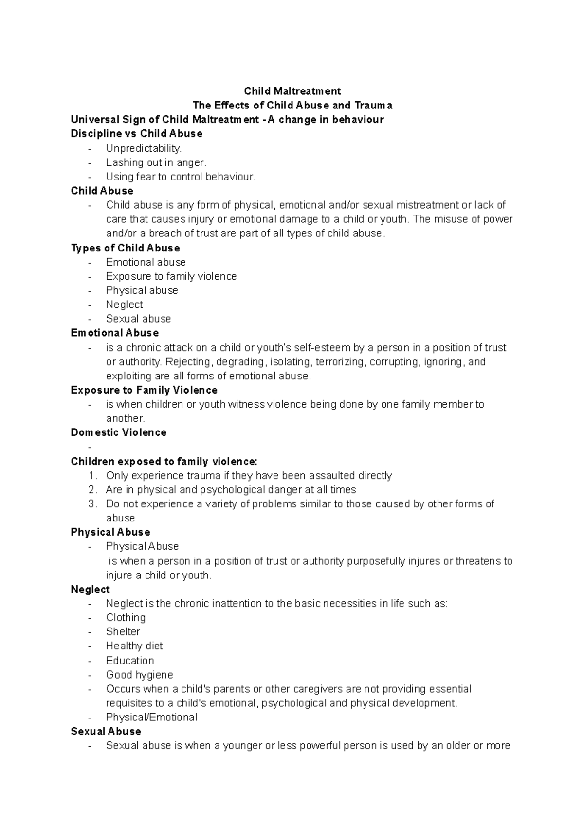 WEEK Three - Lecture notes 3 - Child Maltreatment The Effects of Child ...