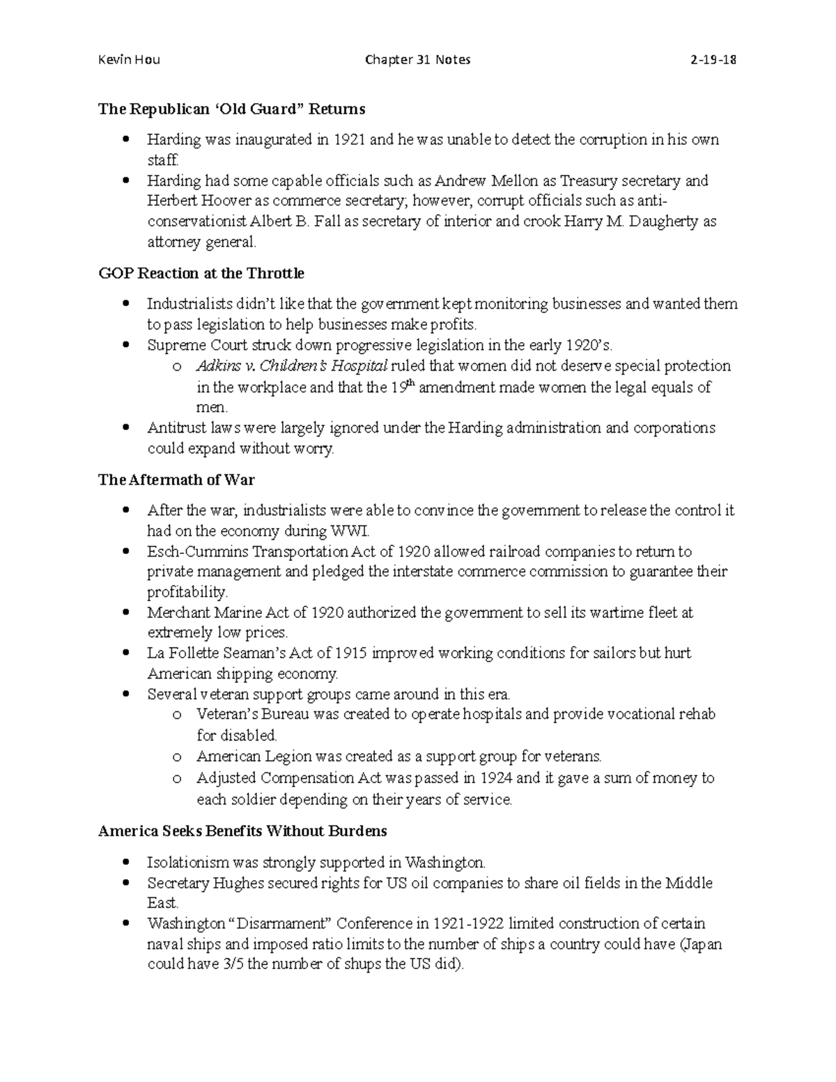 Ch. 31 Notes - The Republican ‘Old Guard” Returns Harding was ...