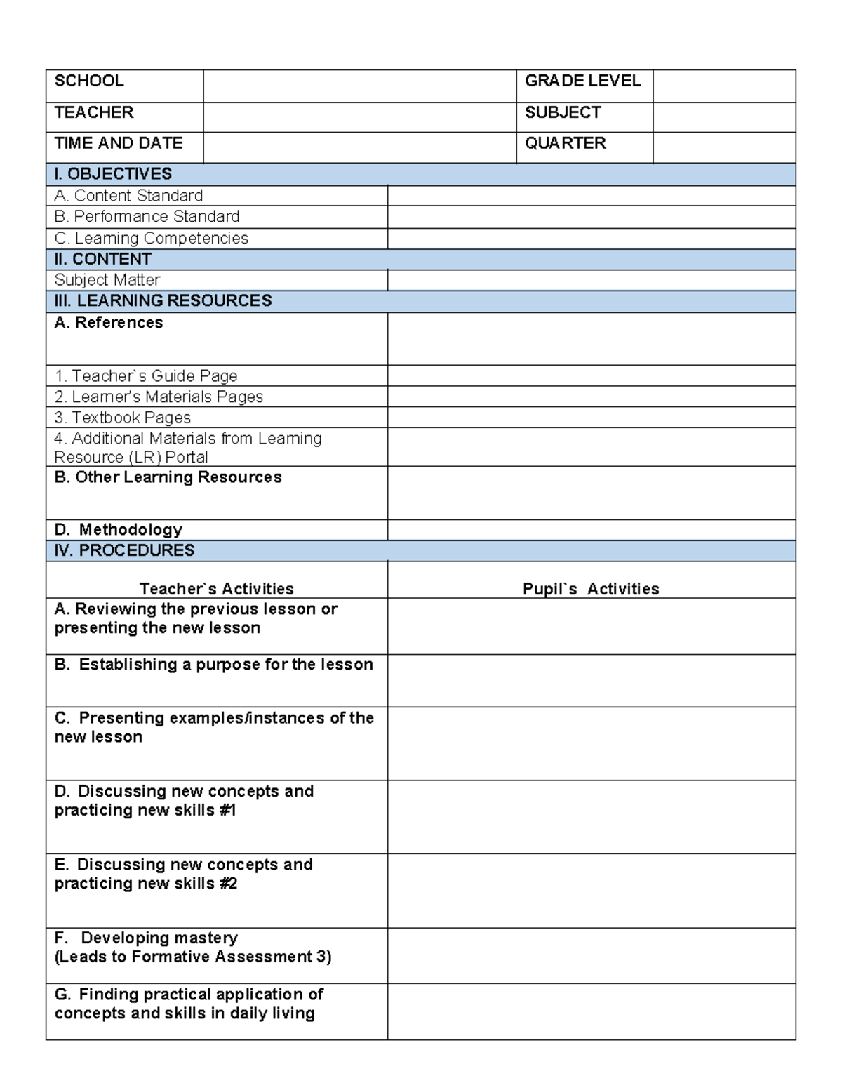 Lesson PLAN Format - SCHOOL GRADE LEVEL TEACHER SUBJECT TIME AND DATE ...