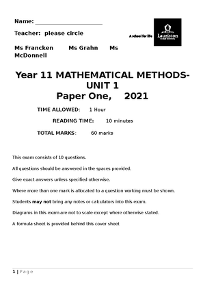 2018 Unit 1 Methods Exam - FULL NAME: STUDENT CODE: Teacher: BAR EWA ...