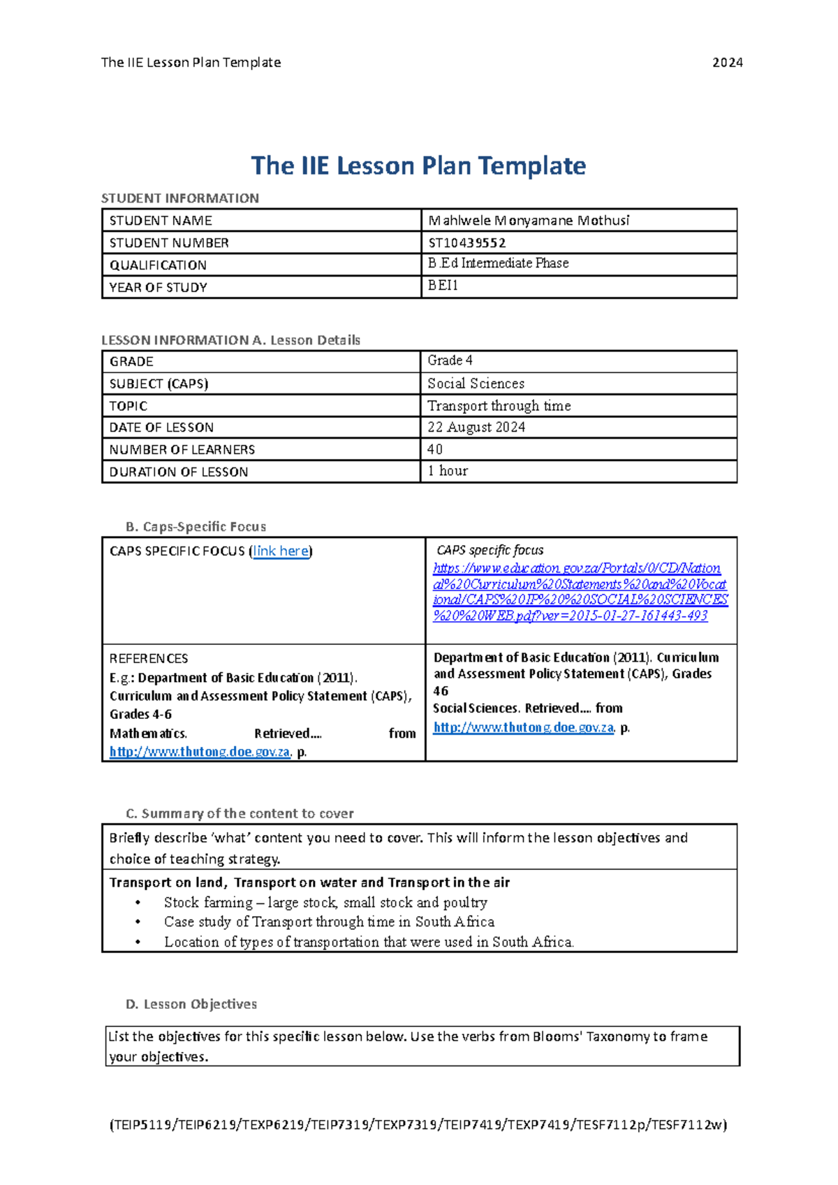 The IIE lesson plan Template - The IIE Lesson Plan Template STUDENT ...