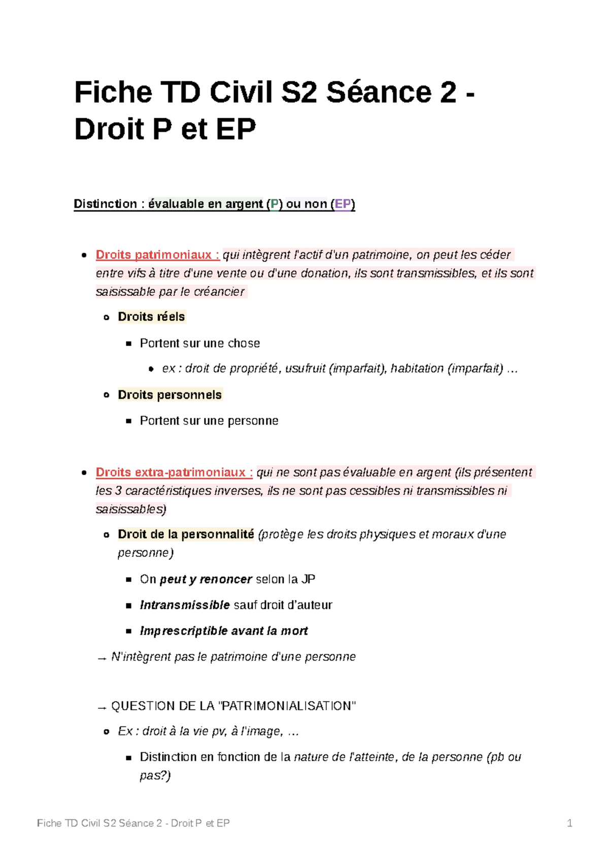 Fiche Td Civil Droits Patrimoniaux Et Extra Patrimoniaux Fiche Td Civil S S Ance Droit