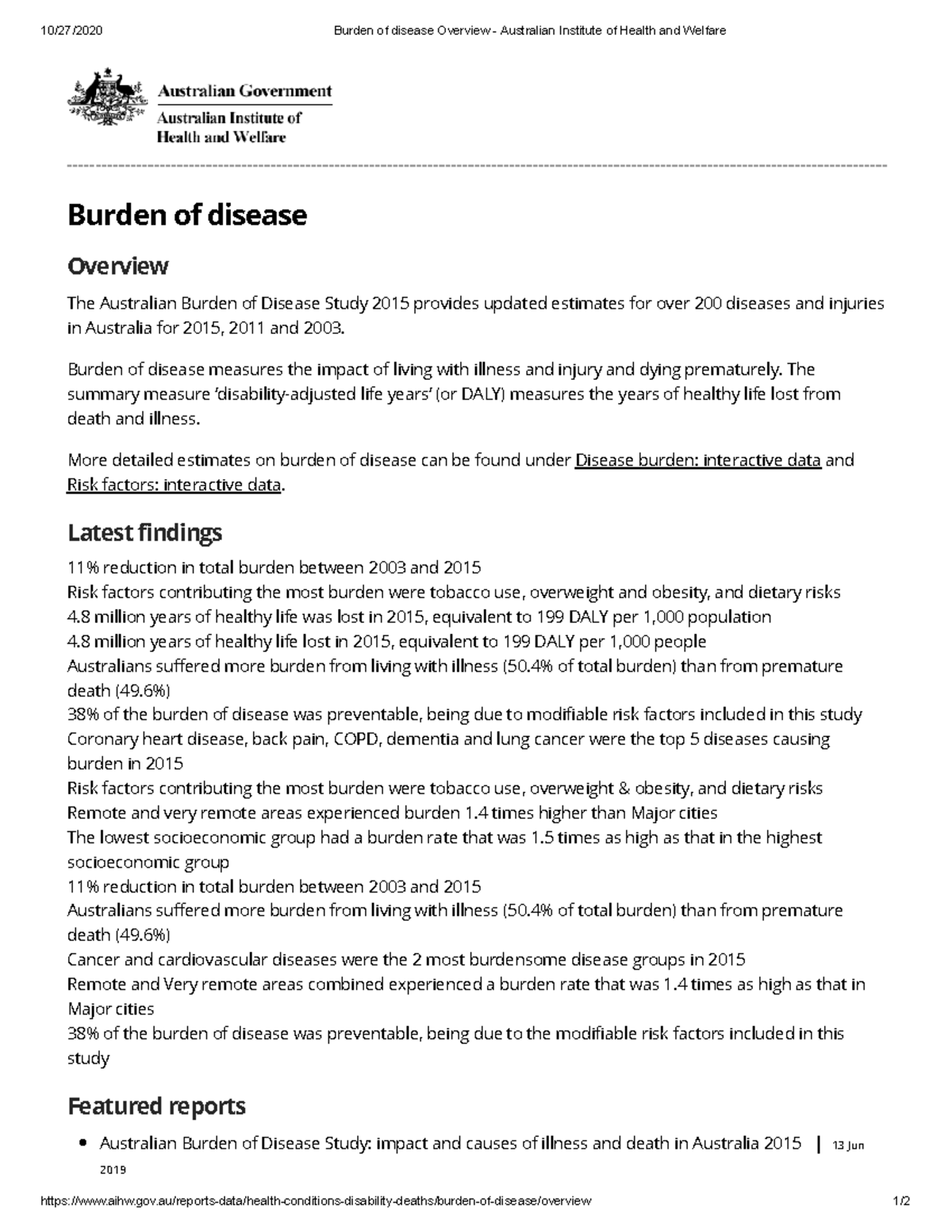 Burden of disease Overview Australian Institute of Health and Welfare