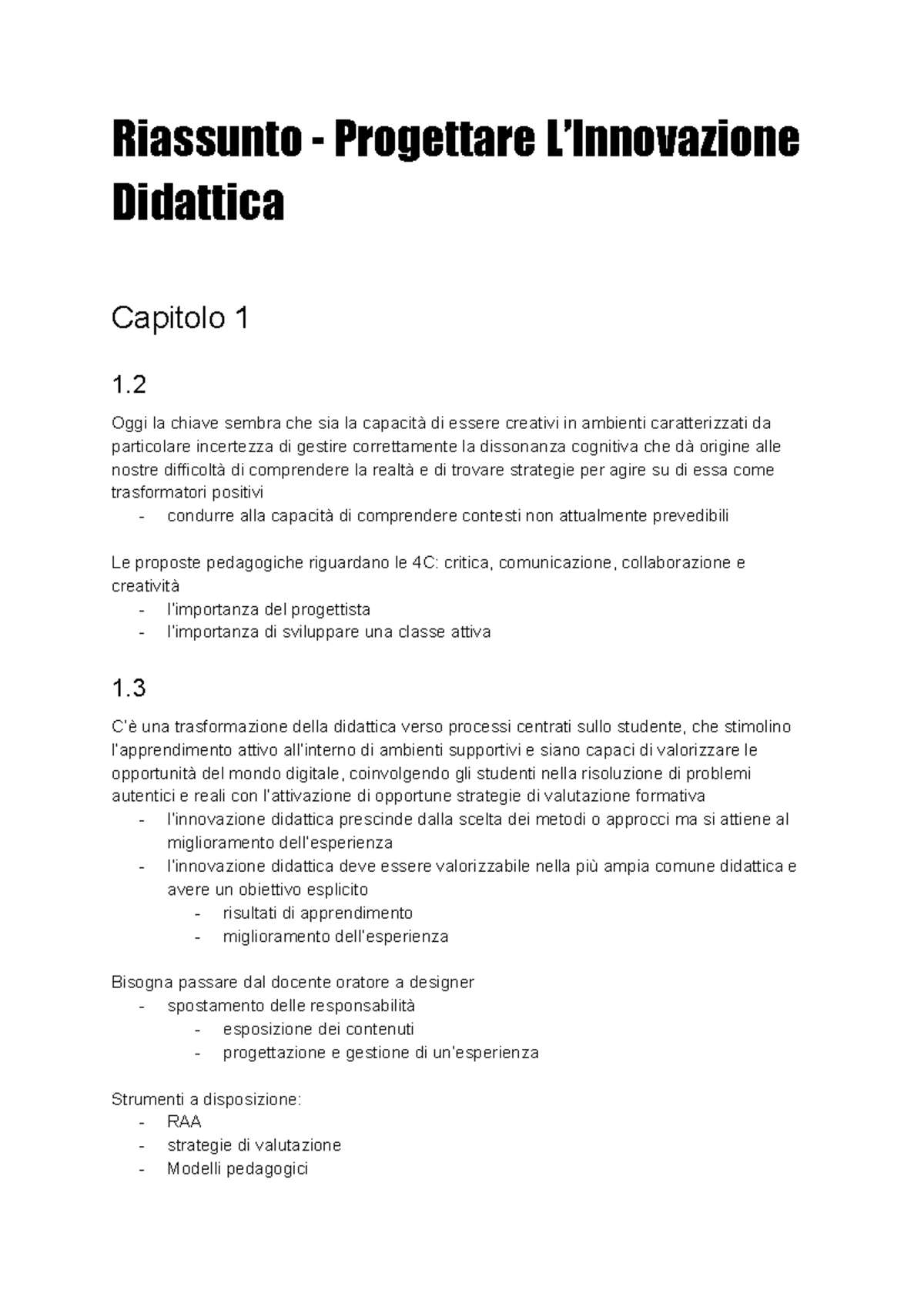 Riassunto Progettare L'Innovazione Didattica - Riassunto - Progettare L ...