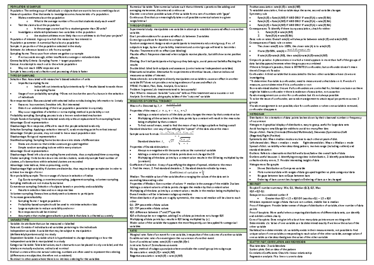 GEA1000 Cheatsheet - POPULATION VS SAMPLES Popula3on: The en3re group ...