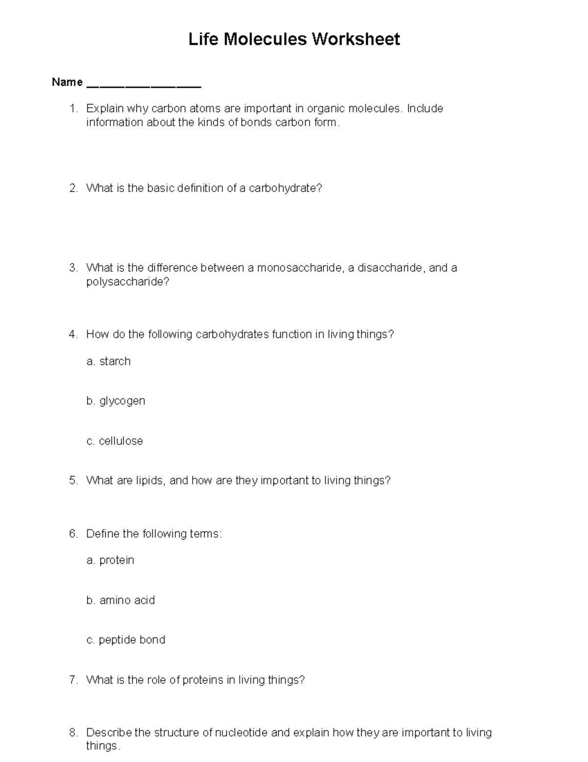 Life Molecules Worksheet - Explain why carbon atoms are important in ...