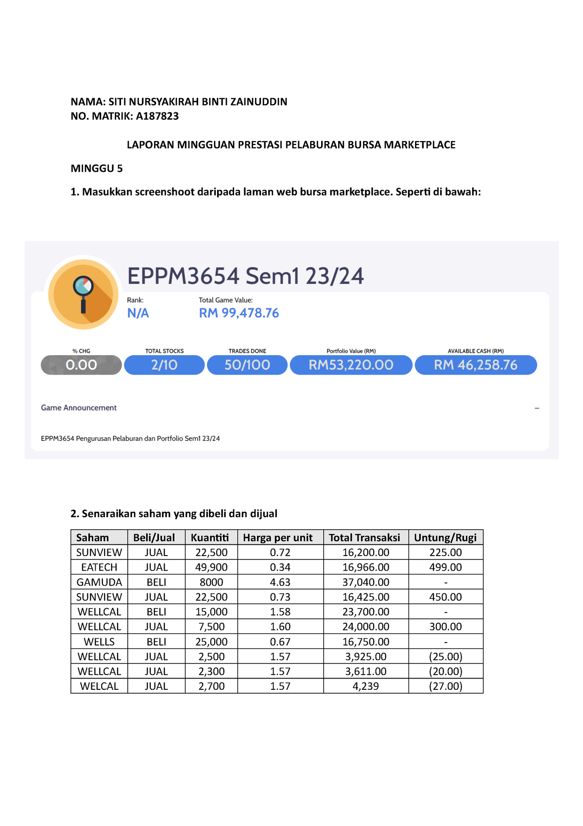 Laporan Prestasi Pelaburan Bursa Marketplace Minggu 5 - NAMA: SITI ...