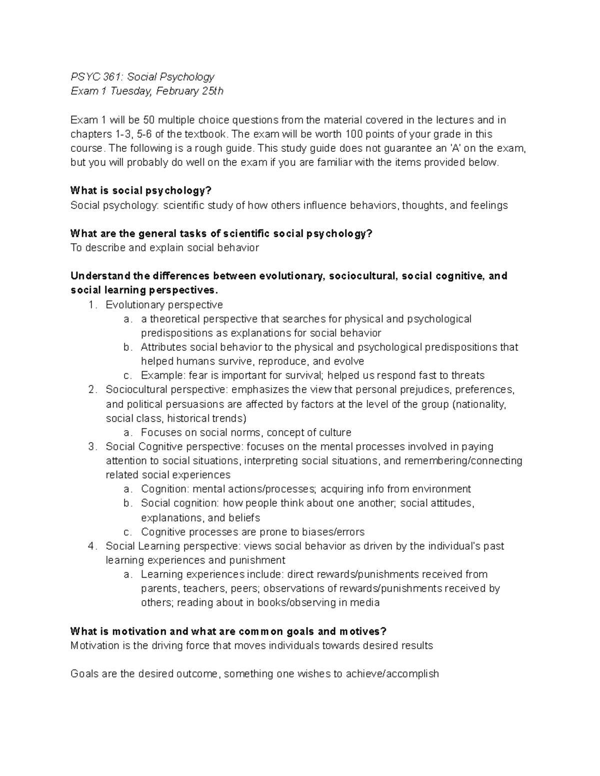 PSYC 361 Exam 1 Study Guide - PSYC 361: Social Psychology Exam 1 ...
