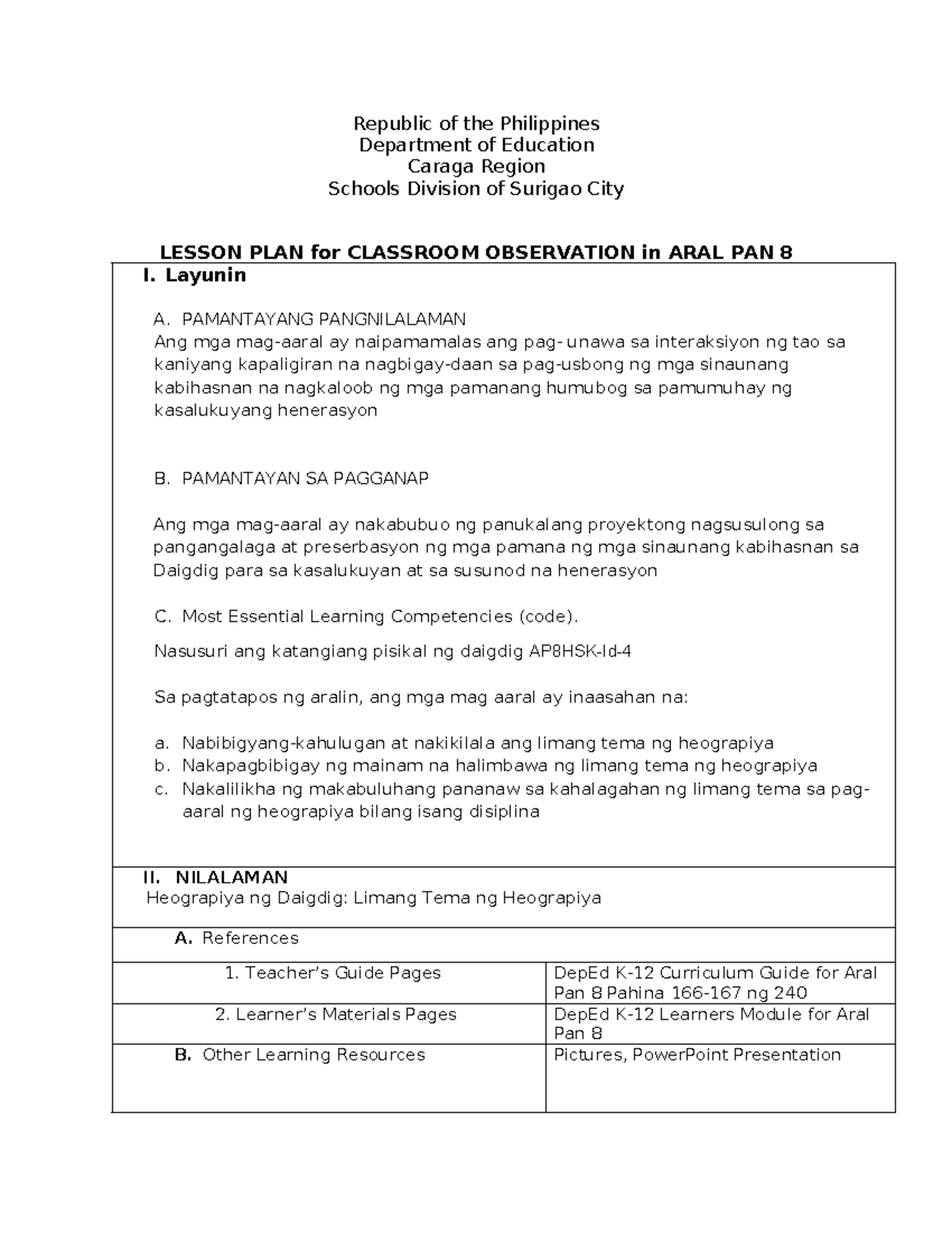Lesson PLAN for Classroom Observation in ARAL PAN 8 - Republic of the ...