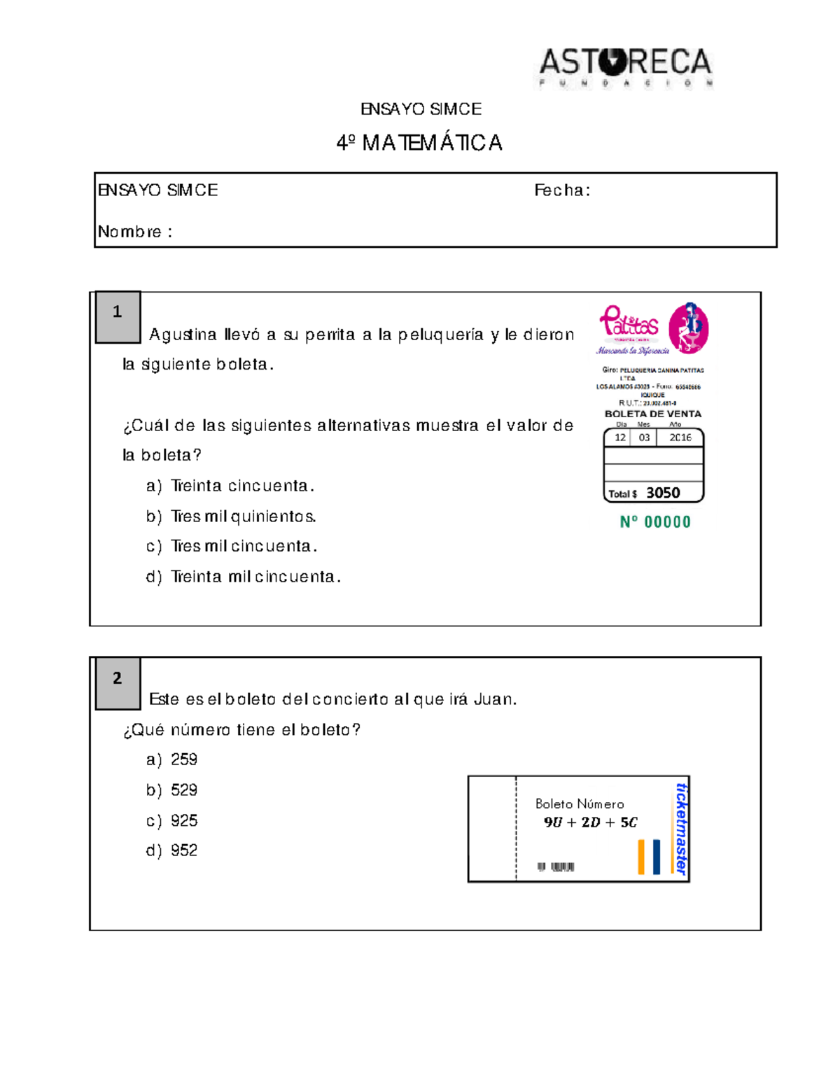 Ensayo Simce H - Flwjsd - ENSAYO SIMCE 4º MATEMÁTICA ENSAYO SIMCE Fec ...