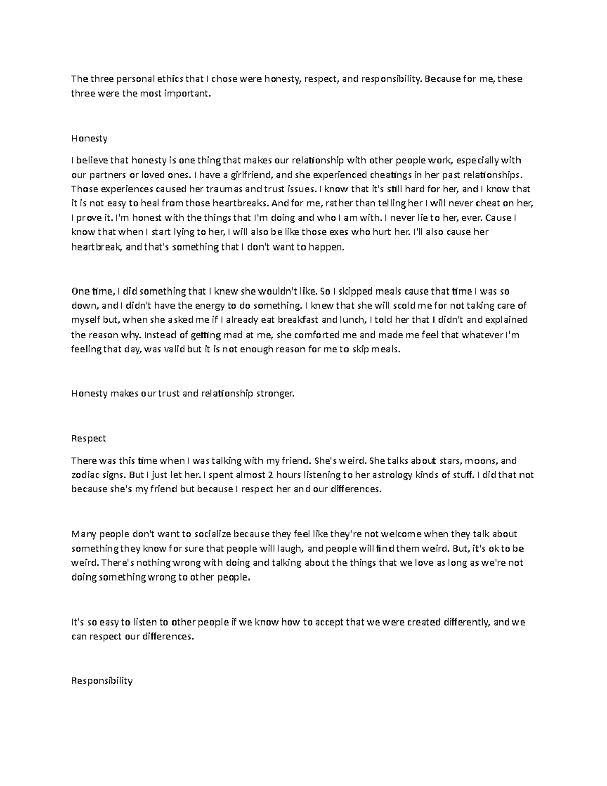 Ethics Activity 1 - The three personal ethics that I chose were honesty ...