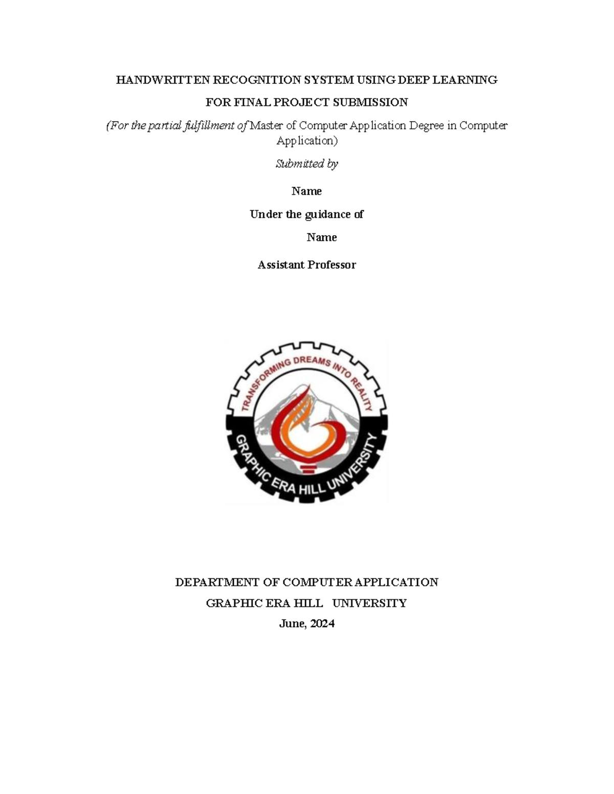 Report Front Pages for handwritten 102403 - HANDWRITTEN RECOGNITION ...