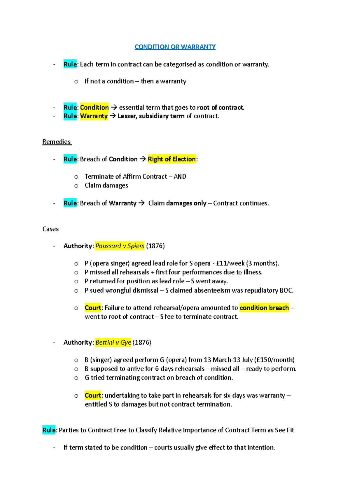5. Condition or Warranty CONDITION OR WARRANTY Rule Each term in