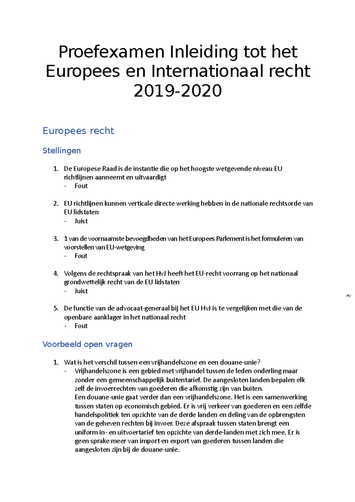 Proefexamen Inleiding Tot Het Europees En Internationaal Recht 2019 ...