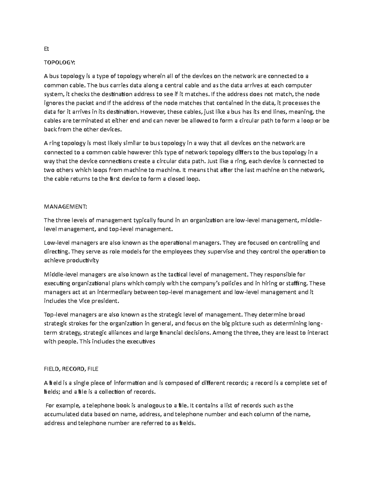 Iti - Notes for every session - Et TOPOLOGY: A bus topology is a type ...