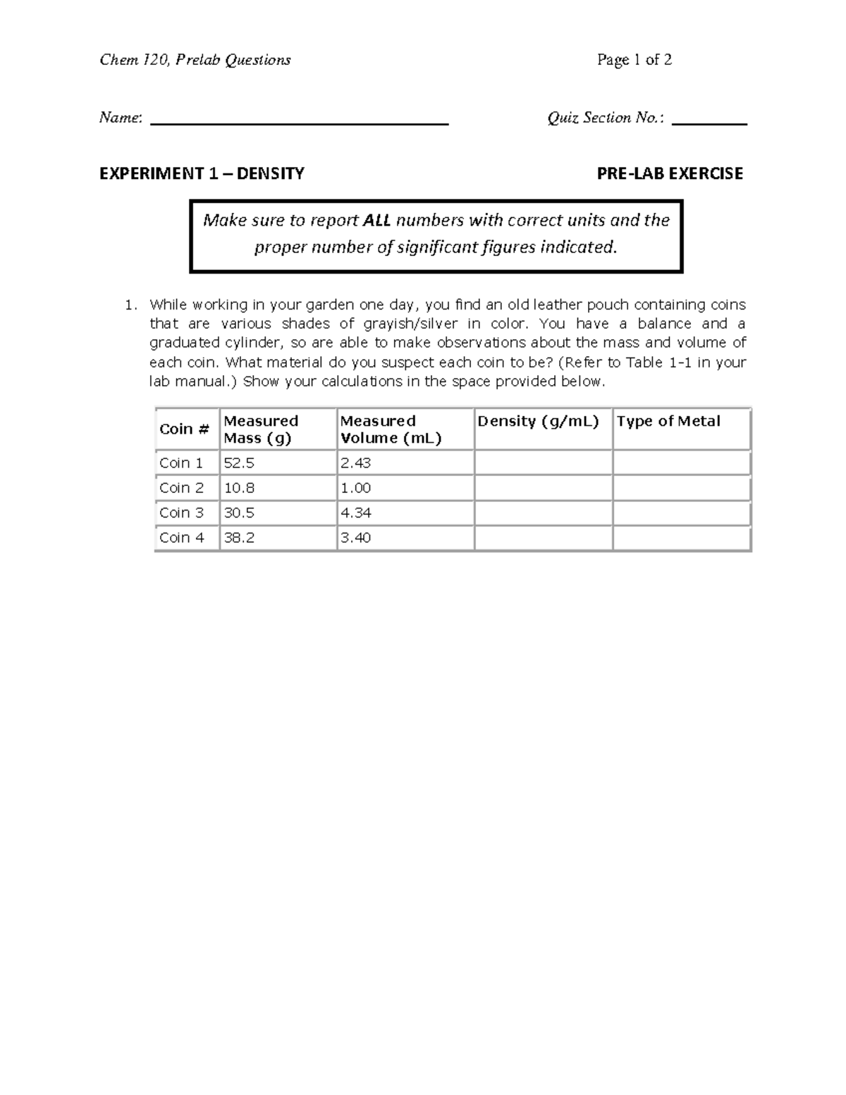 Density Pre Lab quiz Chem 120, Prelab Questions Page 1 of 2 Name
