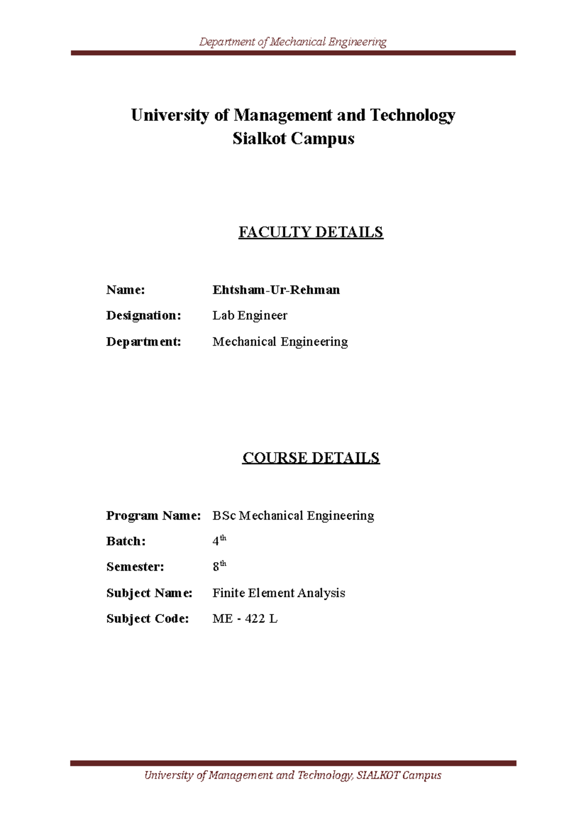 Course File FEA - Lecture - University of Management and Technology ...