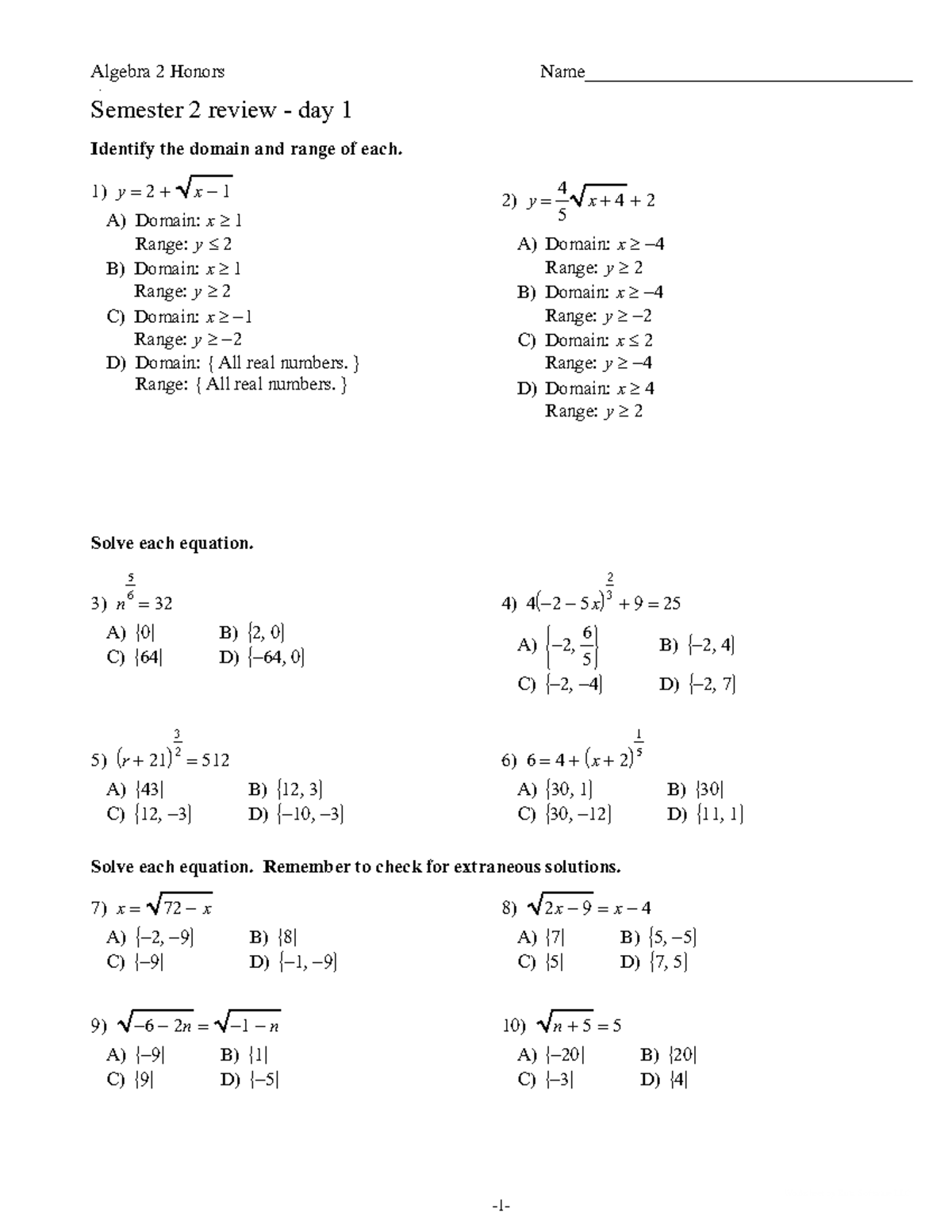 Semester 2 review - day 1 - Worksheet by Kuta Software LLC ...