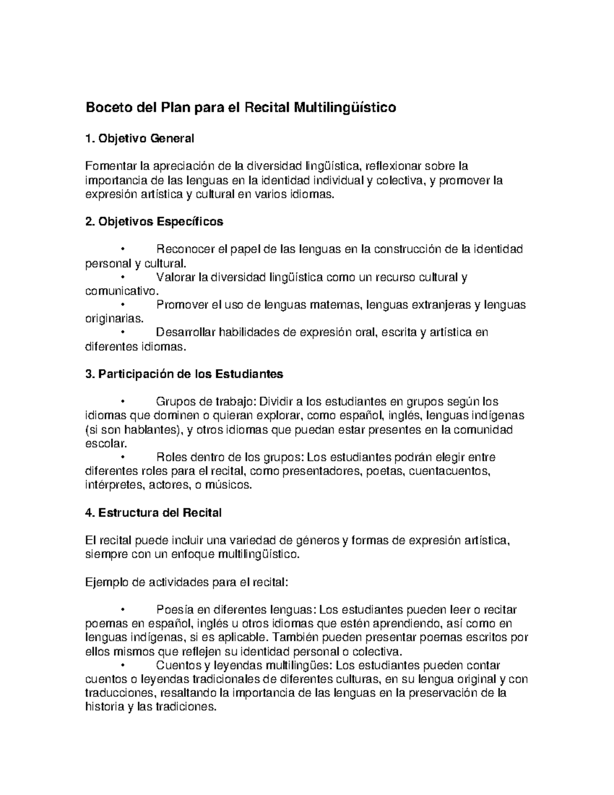 Boceto del Plan para el Recital Multilingüístico - Boceto del Plan para ...