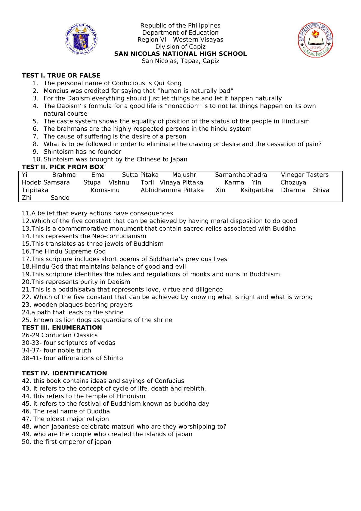 Rel Exam 2 - Exam - Republic Of The Philippines Department Of Education ...