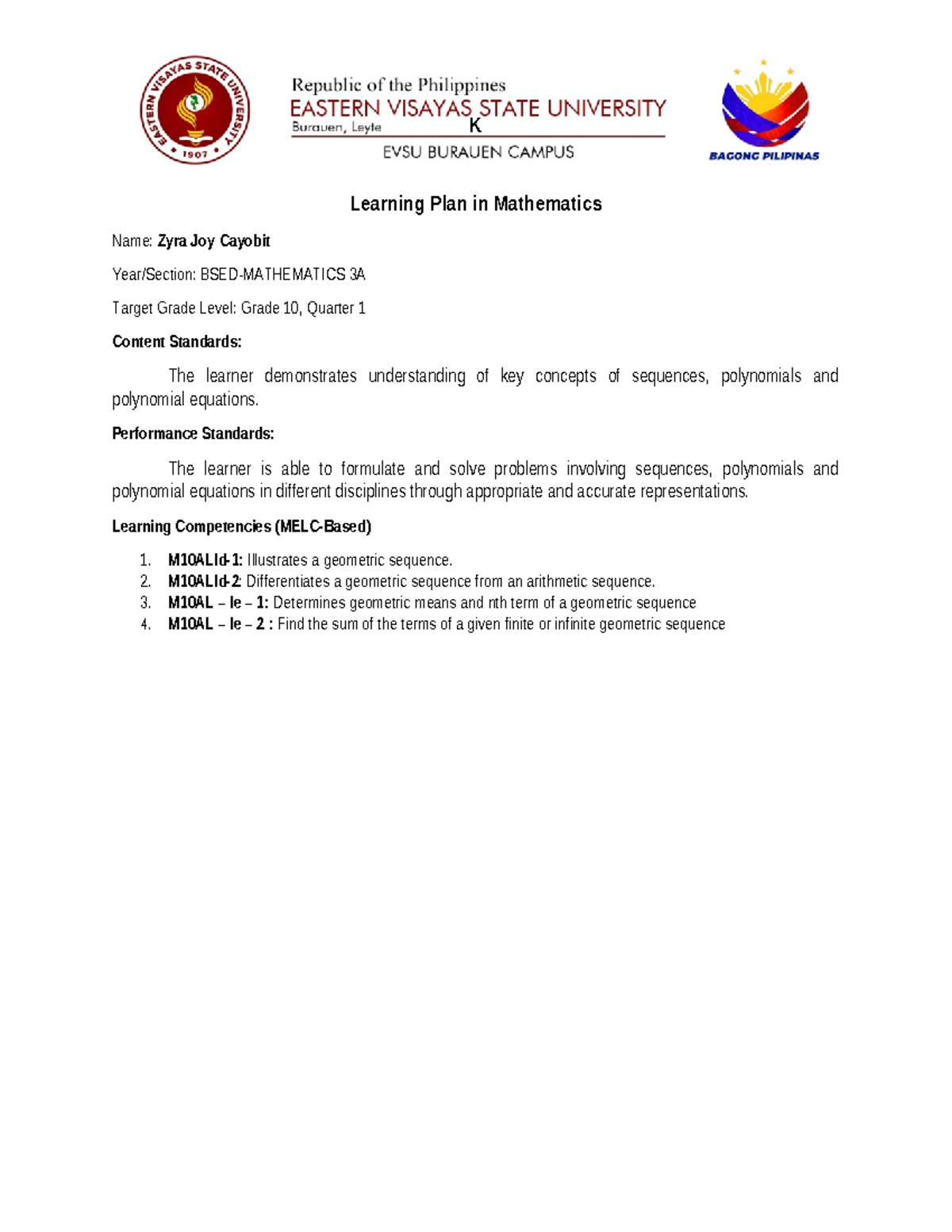 Learning-Plan - K Learning Plan in Mathematics Name: Zyra Joy Cayobit ...