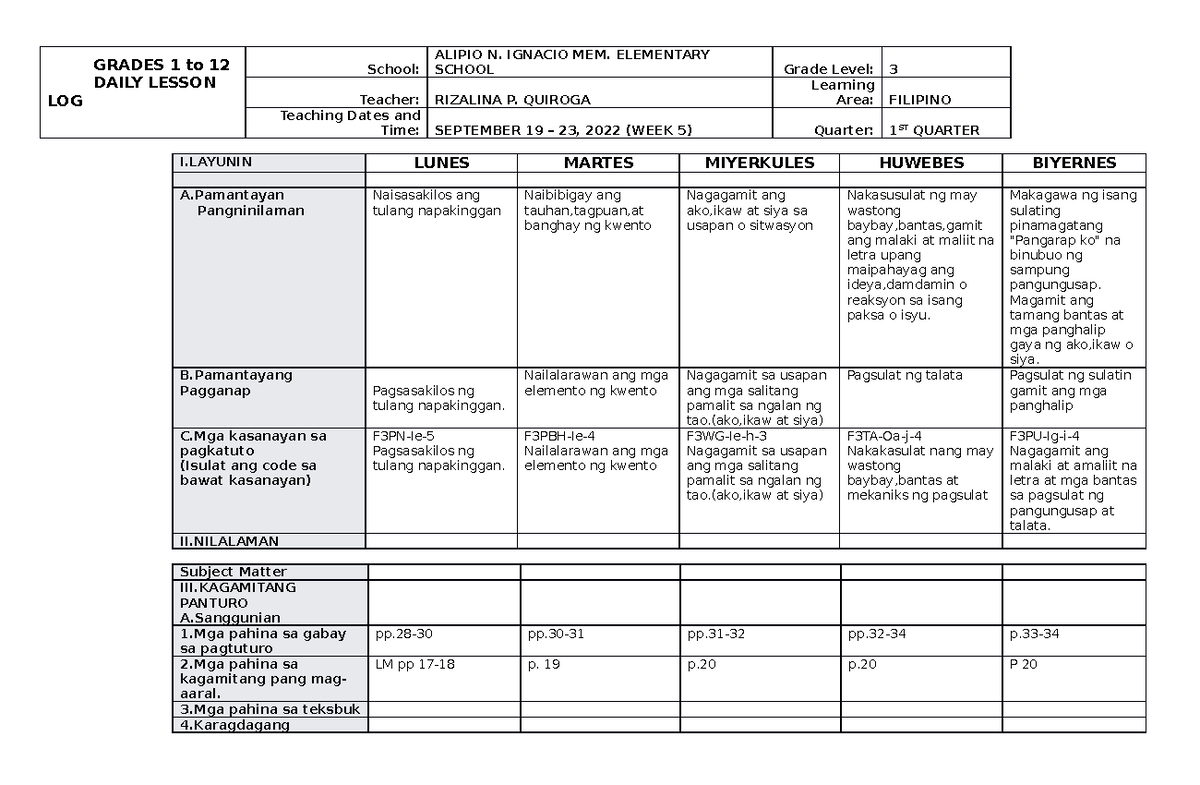 DLL Filipino 3 Q1 W5 - zzzz - GRADES 1 to 12 DAILY LESSON LOG School ...