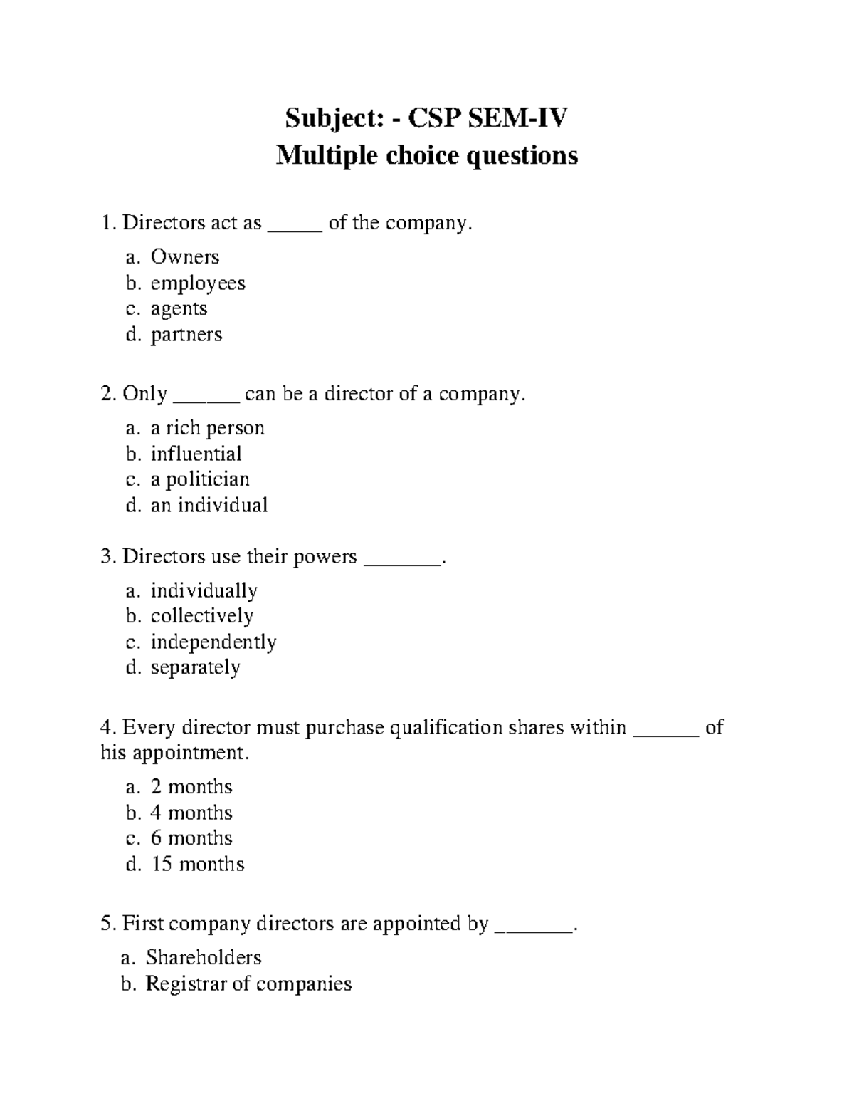 S.Y.BCOM CSP - Csp - Subject: - CSP SEM-IV Multiple choice questions ...