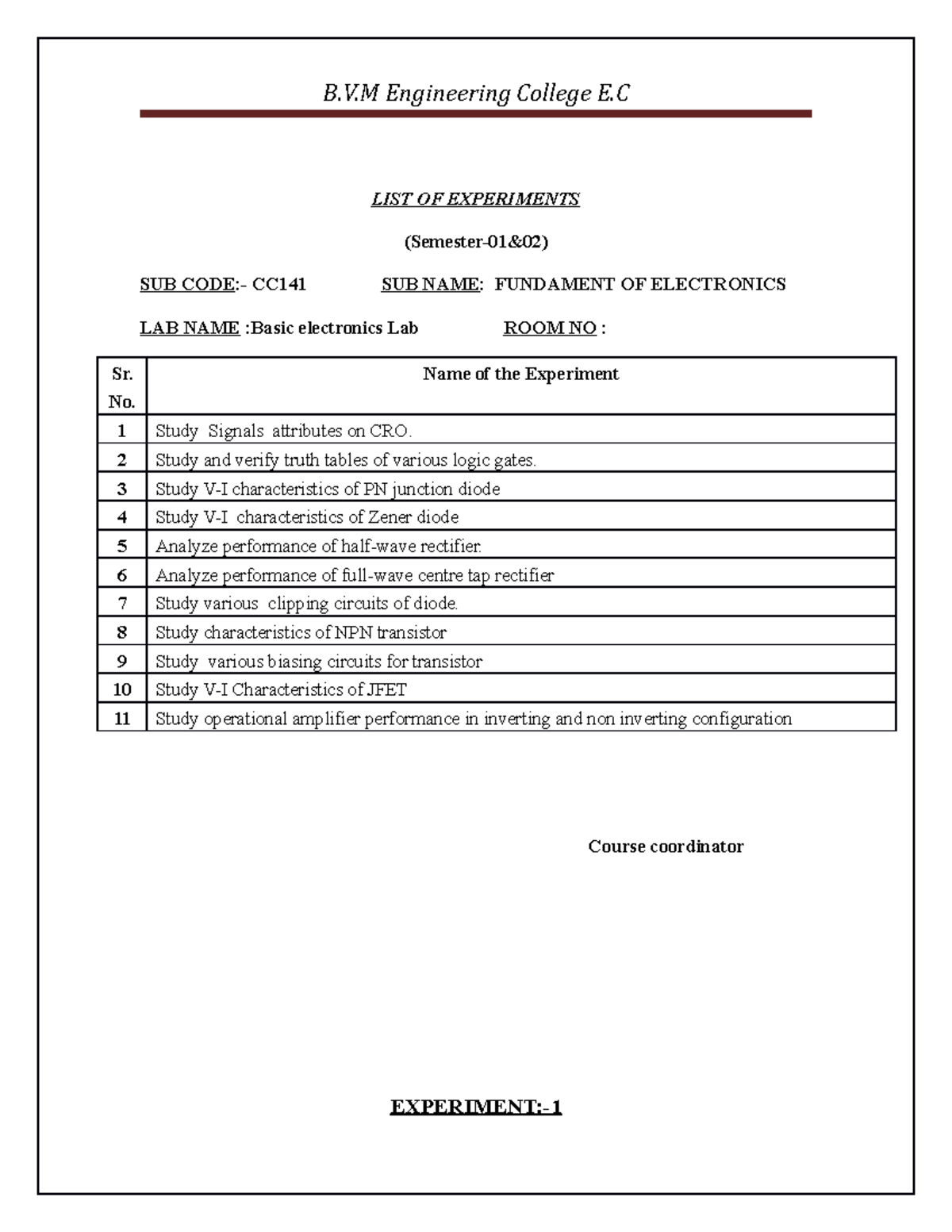 Labmanual - Basic Electronics Lab - LIST OF EXPERIMENTS (Semester-01&02 ...