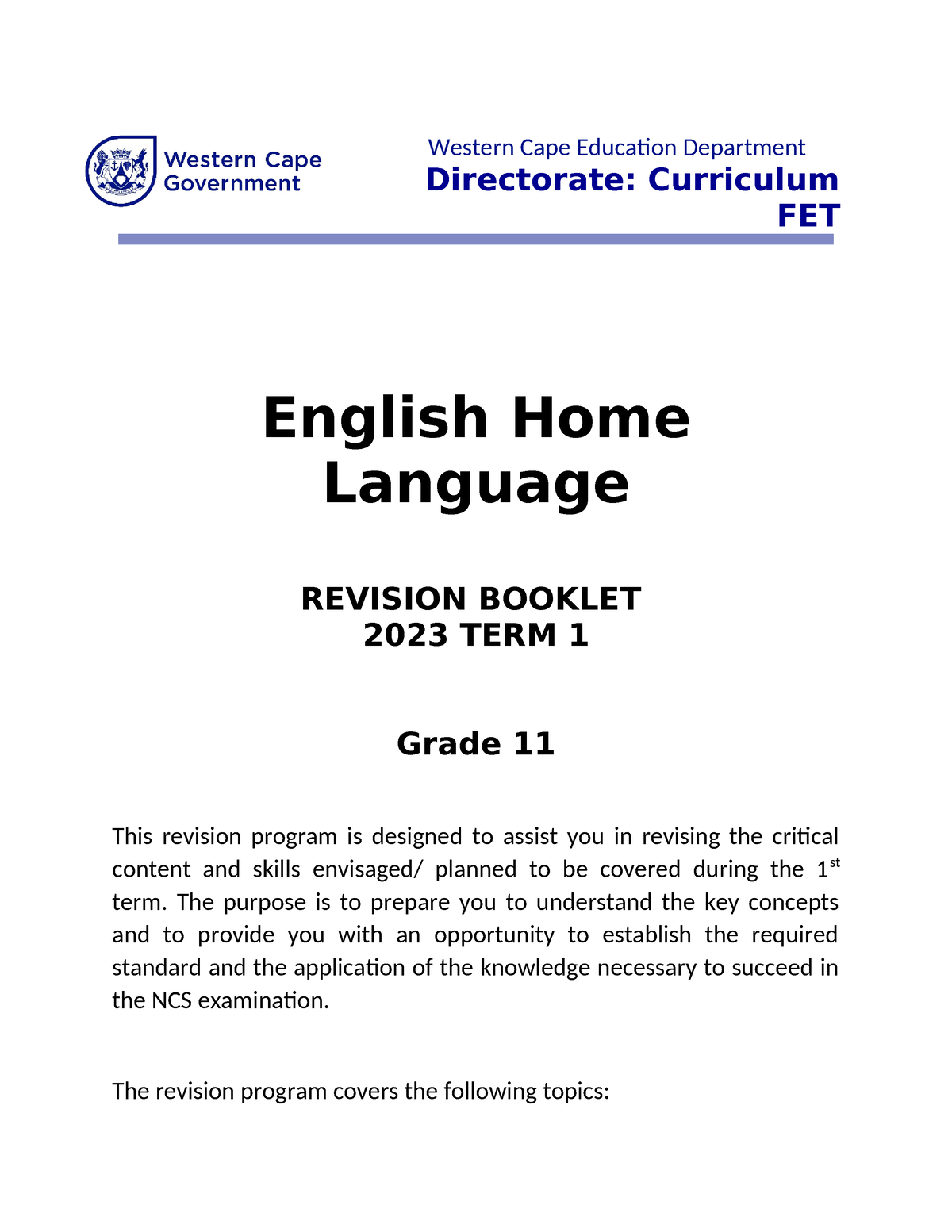 Grade 11 English HL Revision Term 1 2023 - Western Cape Education ...