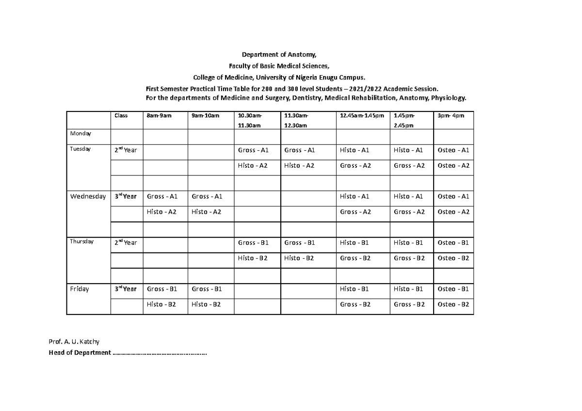 Current Practical Timetable, Anatomy Department - Department of Anatomy ...