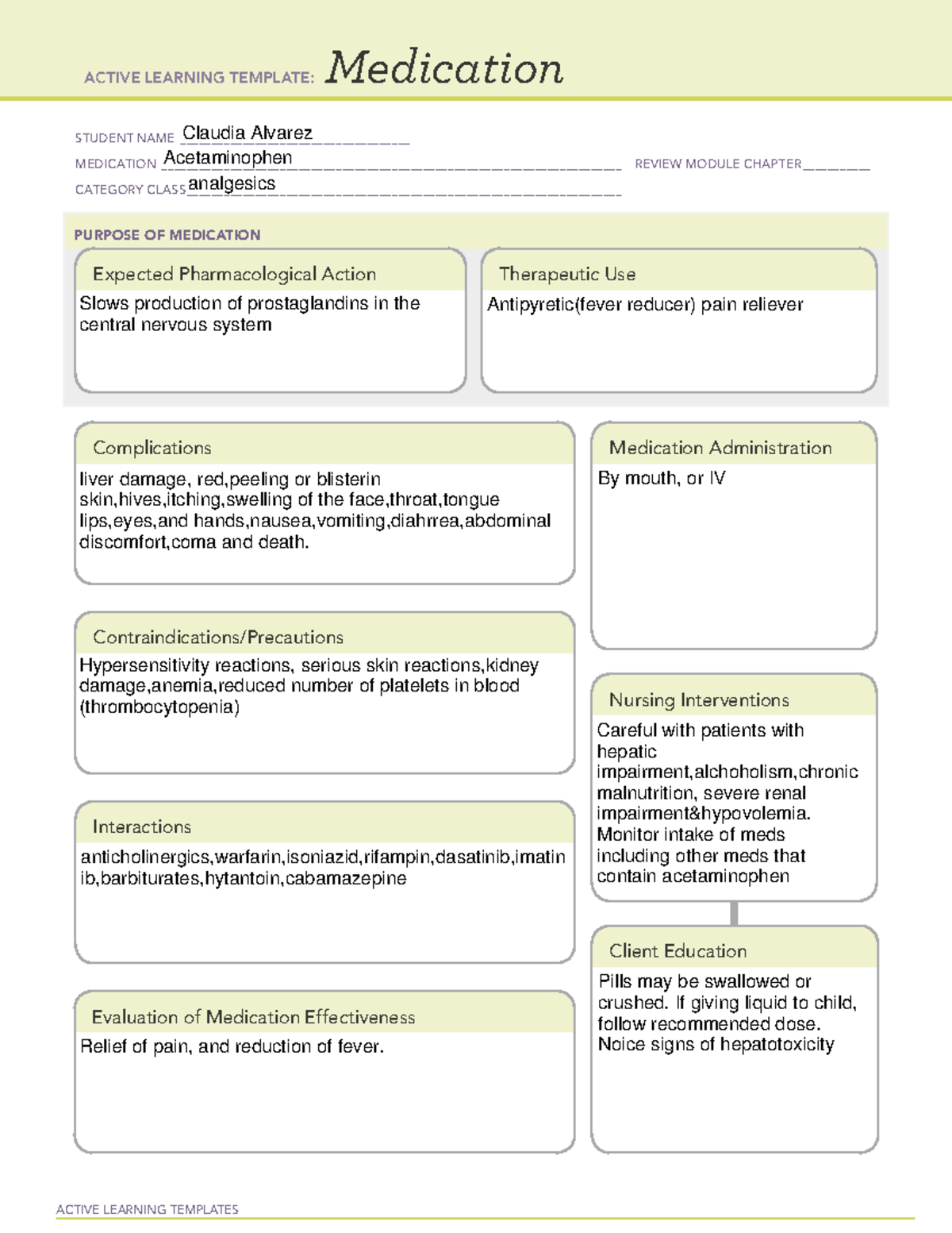 Acetaminophen #4 - med card - ACTIVE LEARNING TEMPLATES Medication ...