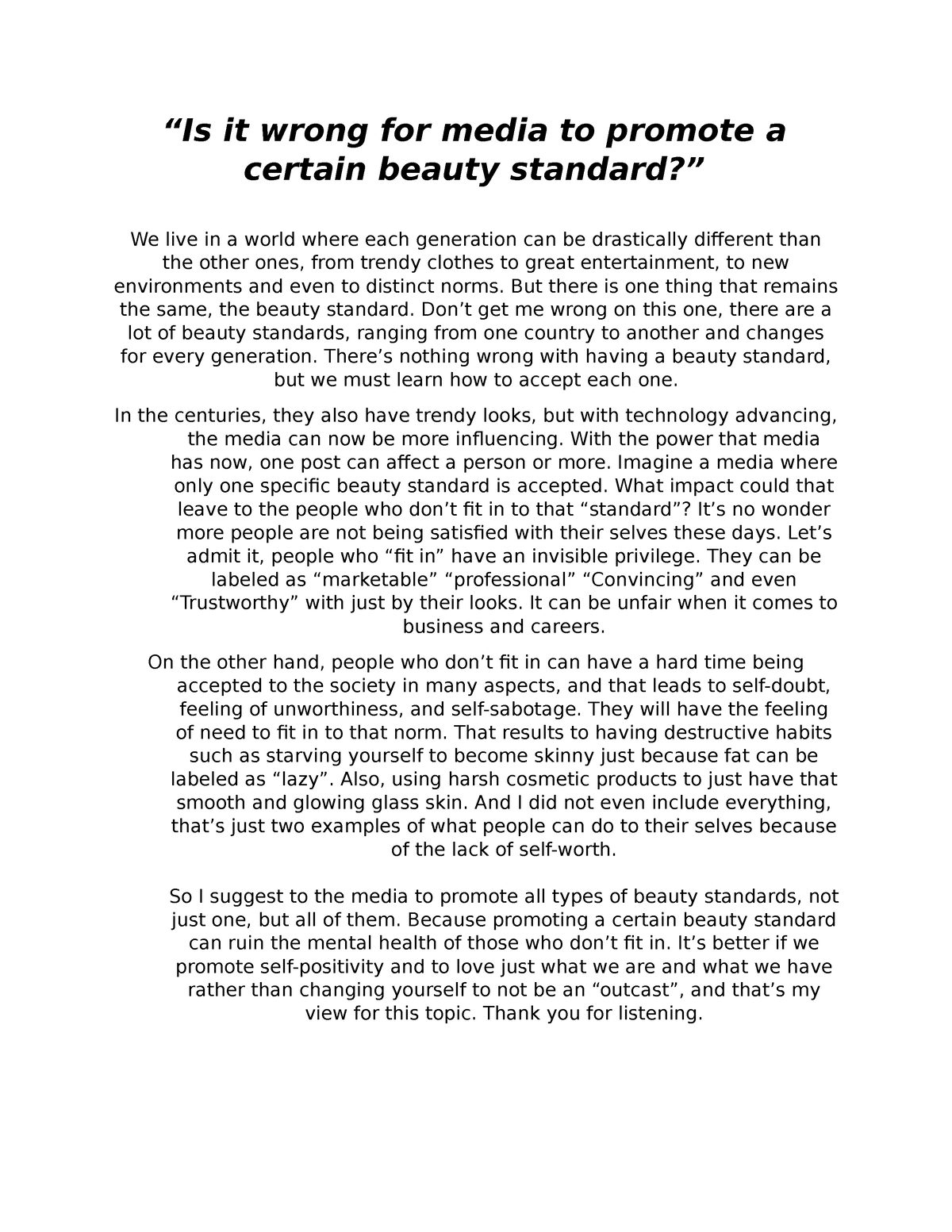 persuasive speech topics on beauty standards