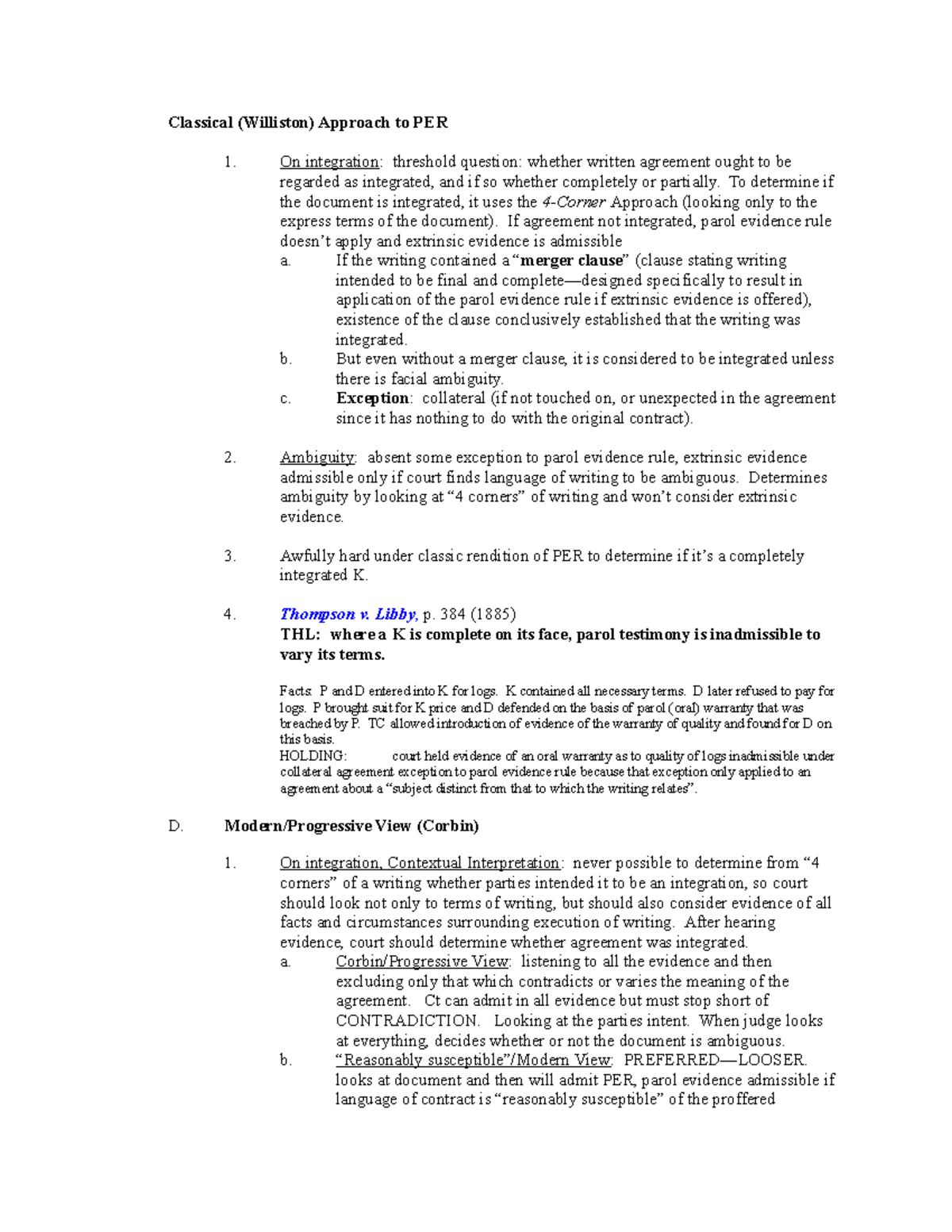 Contracts Law Outline 1 Classical (Williston) Approach to PER On