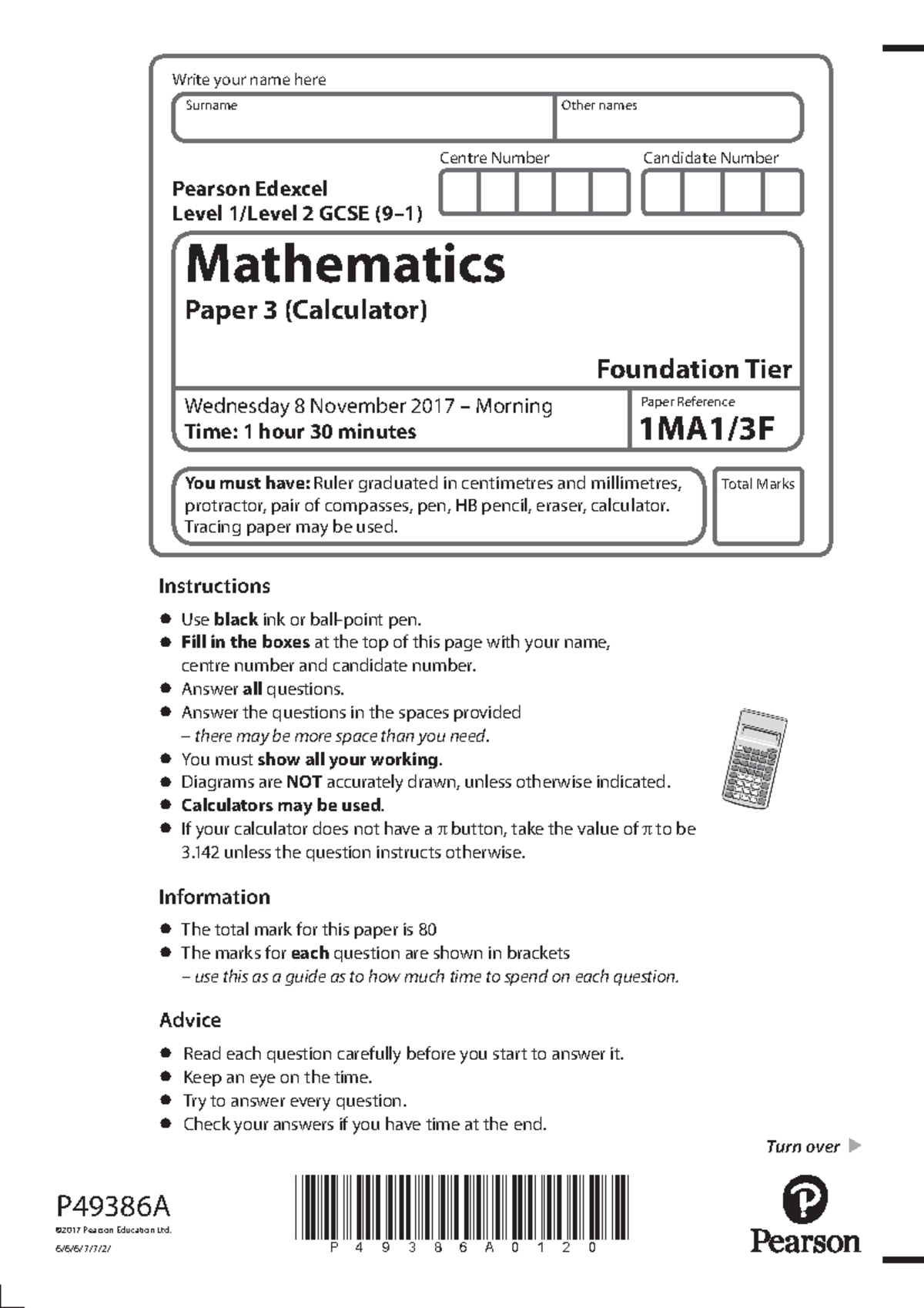 1MA1 3F QP - Practice - Centre Number Candidate Number Write your name ...