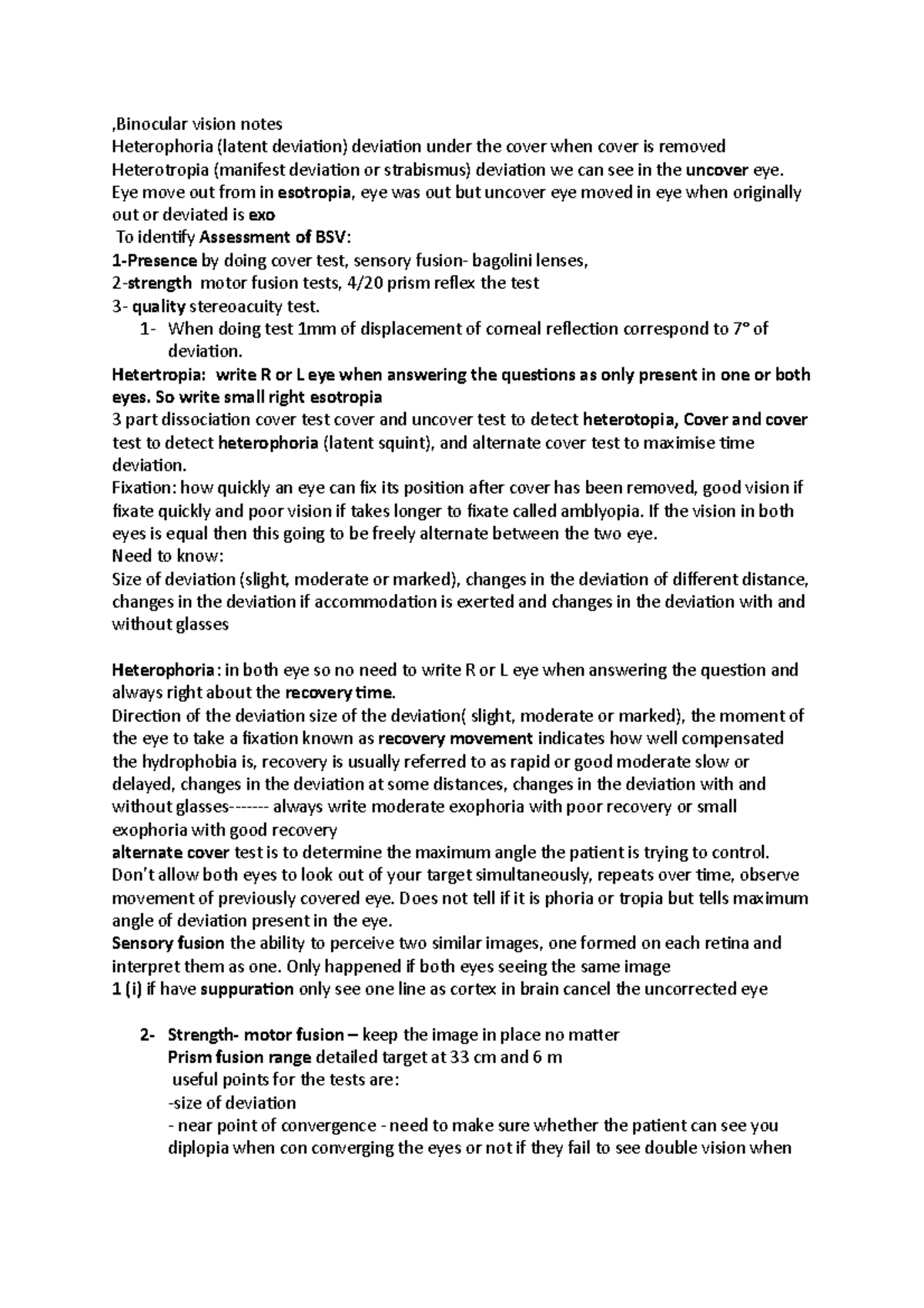 Binocular vision notes ,Binocular vision notes Heterophoria (latent deviation) deviation under